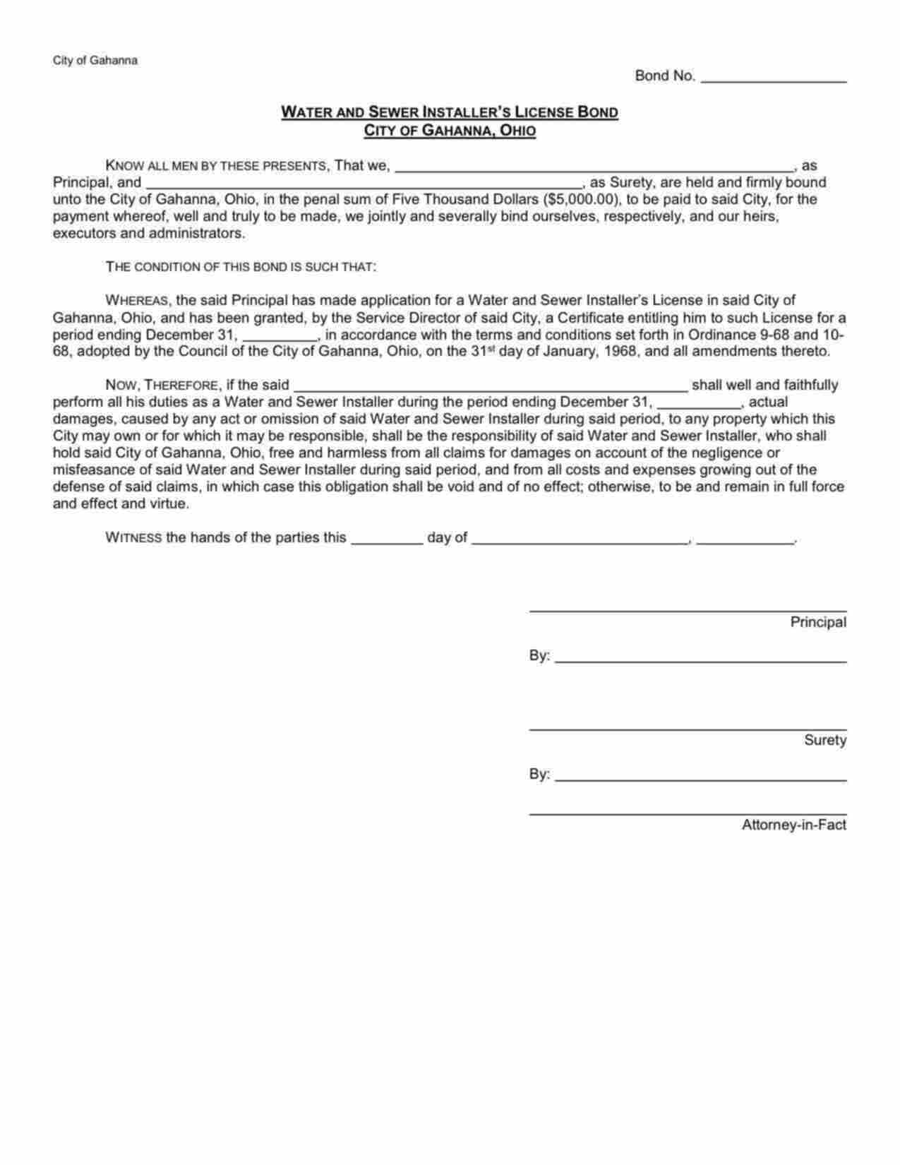 Ohio Water and Sewer Installer Bond Form