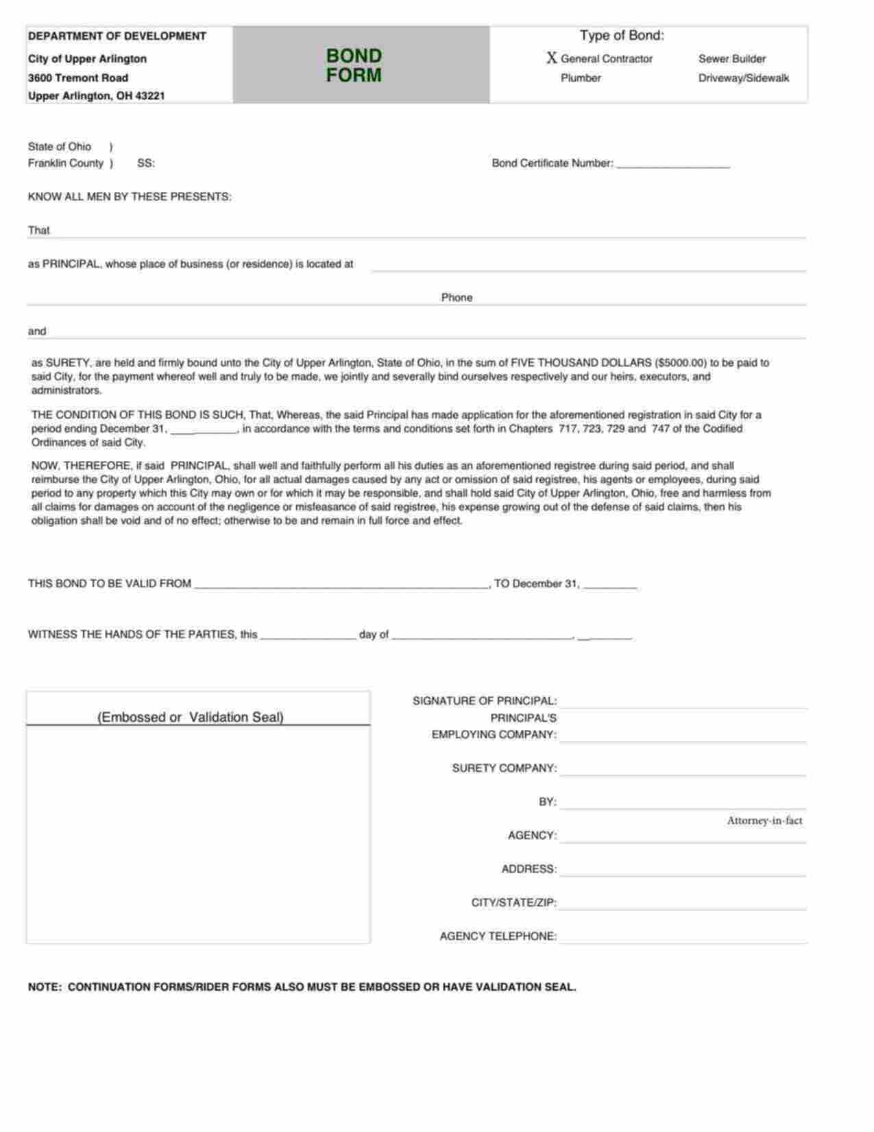 Ohio General Contractor Bond Form