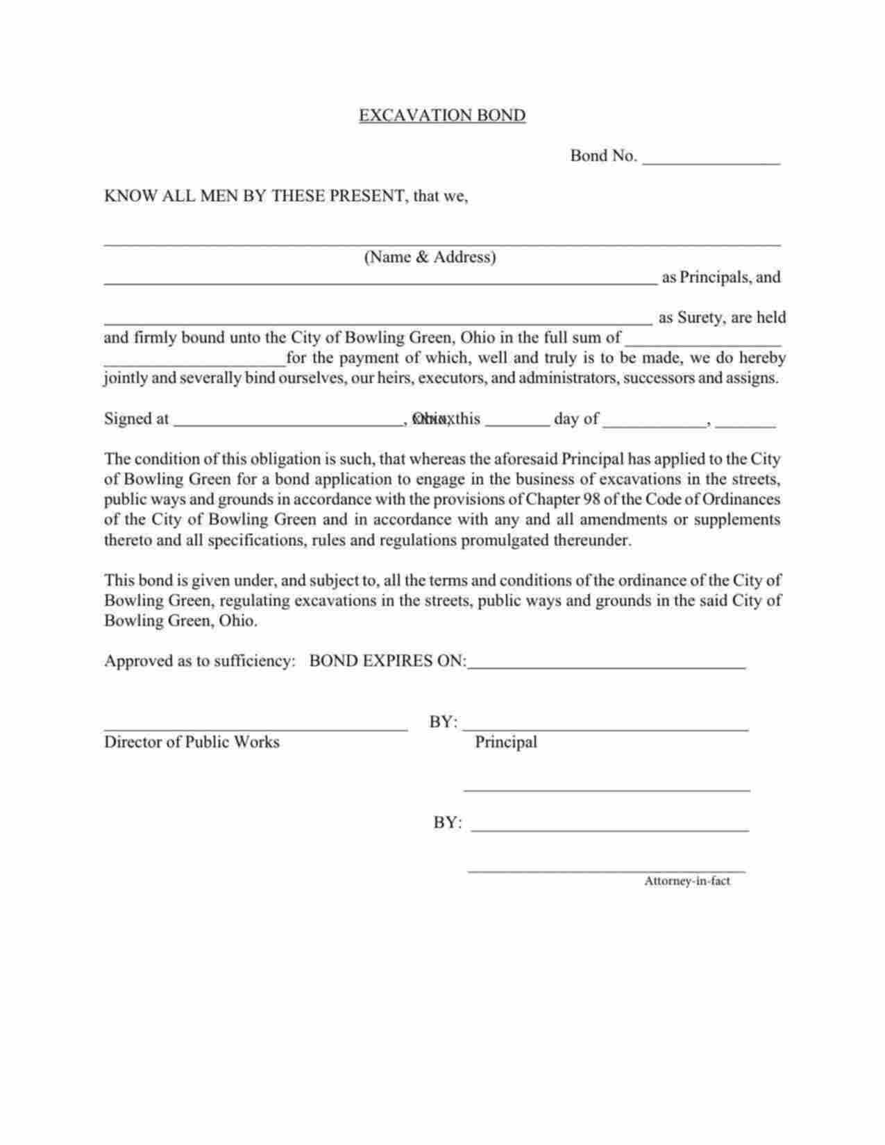 Ohio Excavation Bond Form