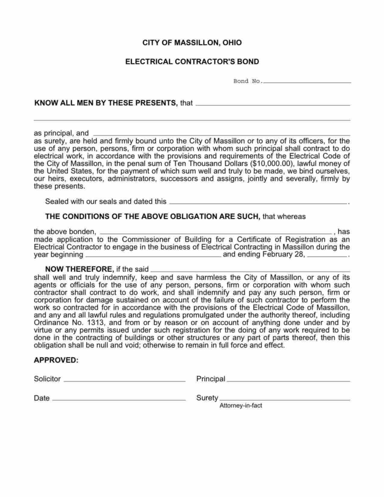 Ohio Electrical Contractor Bond Form