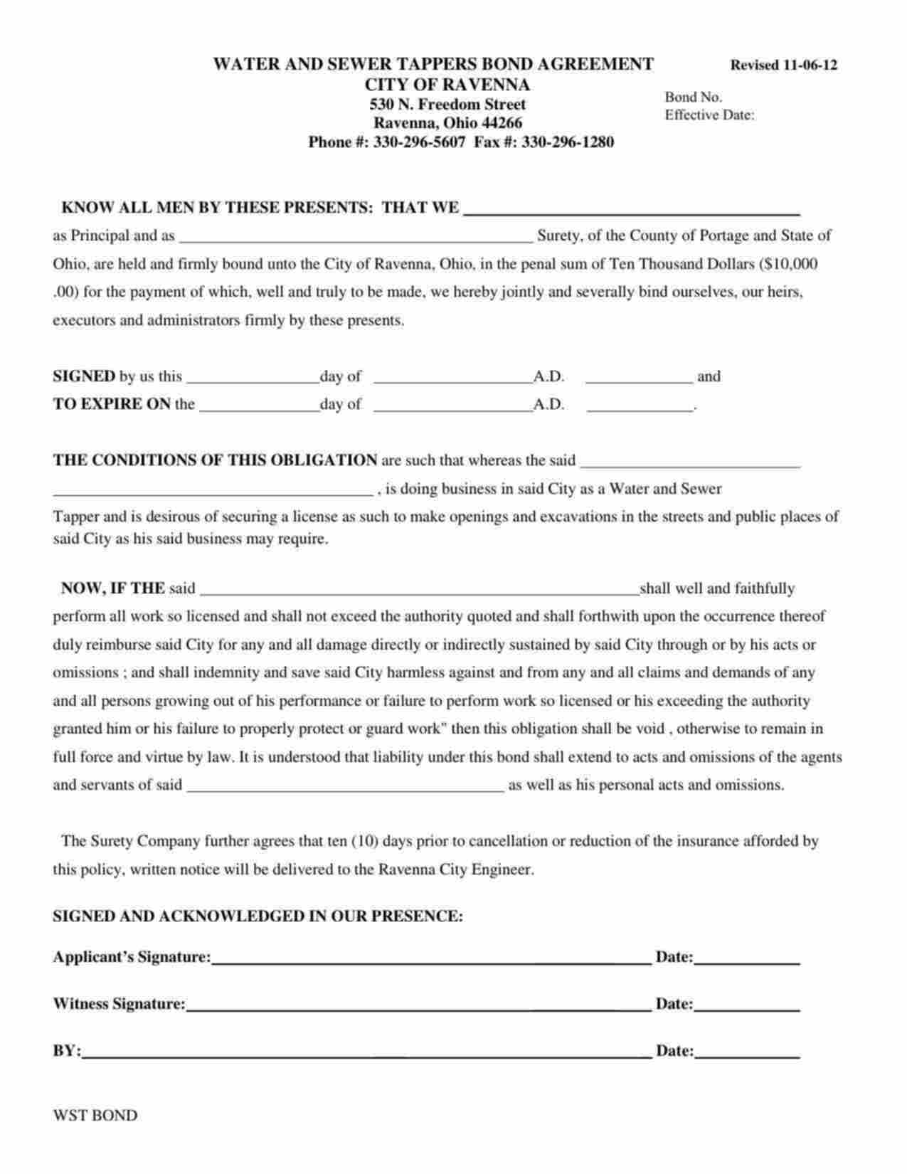 Ohio Water and Sewer Tappers Bond Form