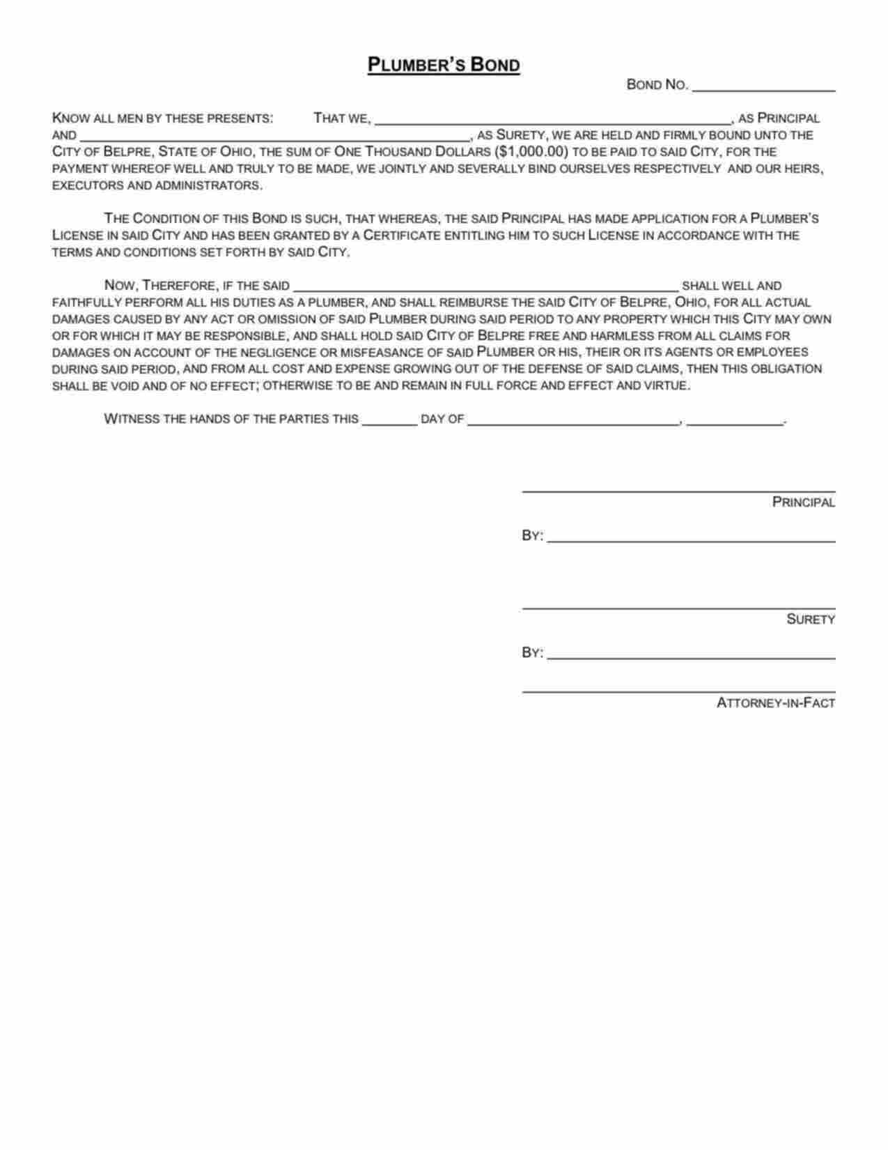 Ohio Plumbing Bond Form