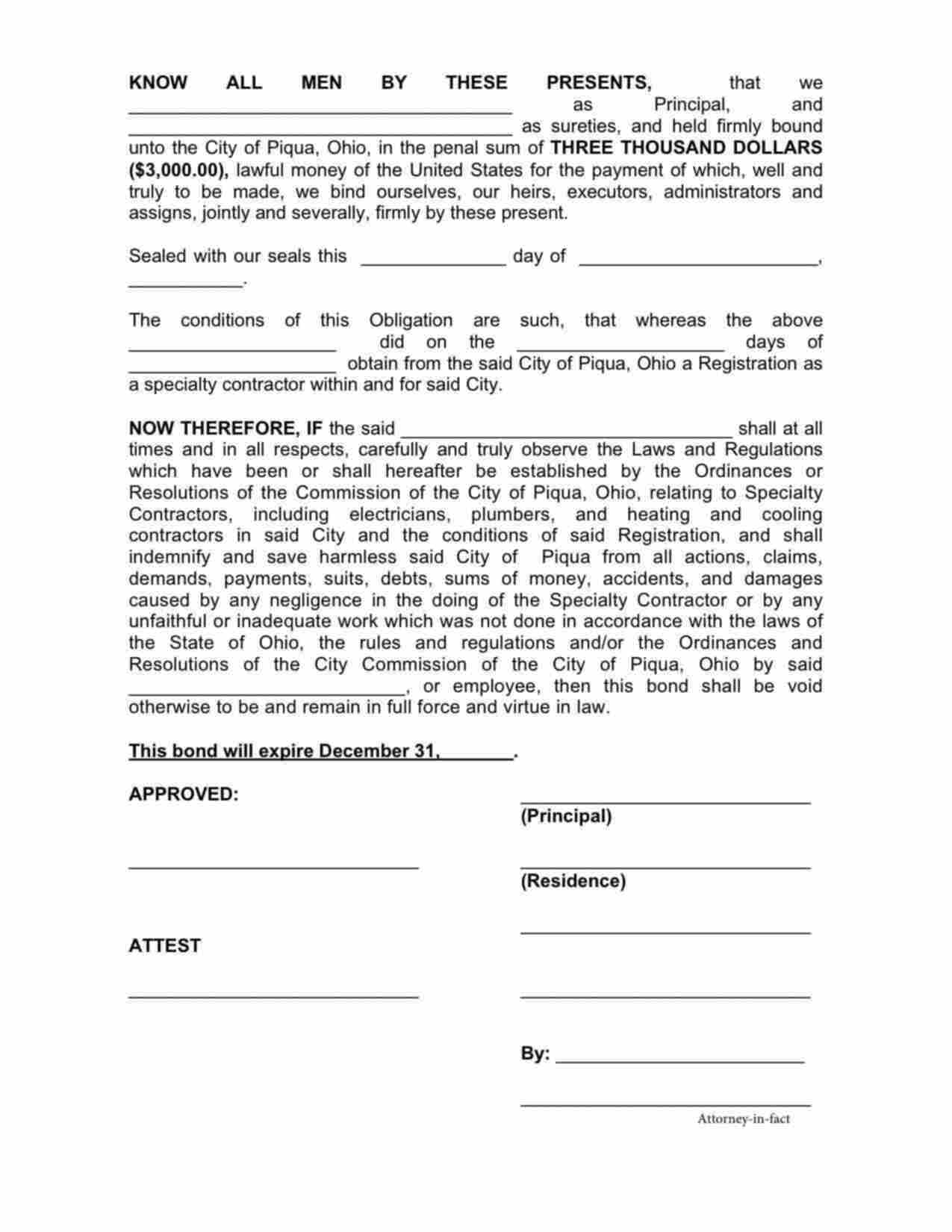 Ohio Specialty Contractor License Bond Form