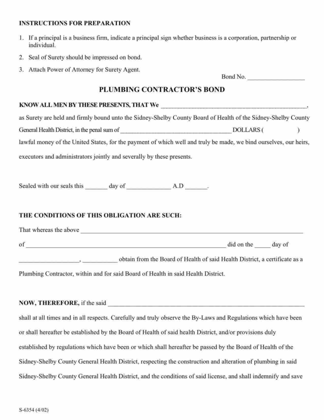 Ohio Plumbing Contractor Bond Form