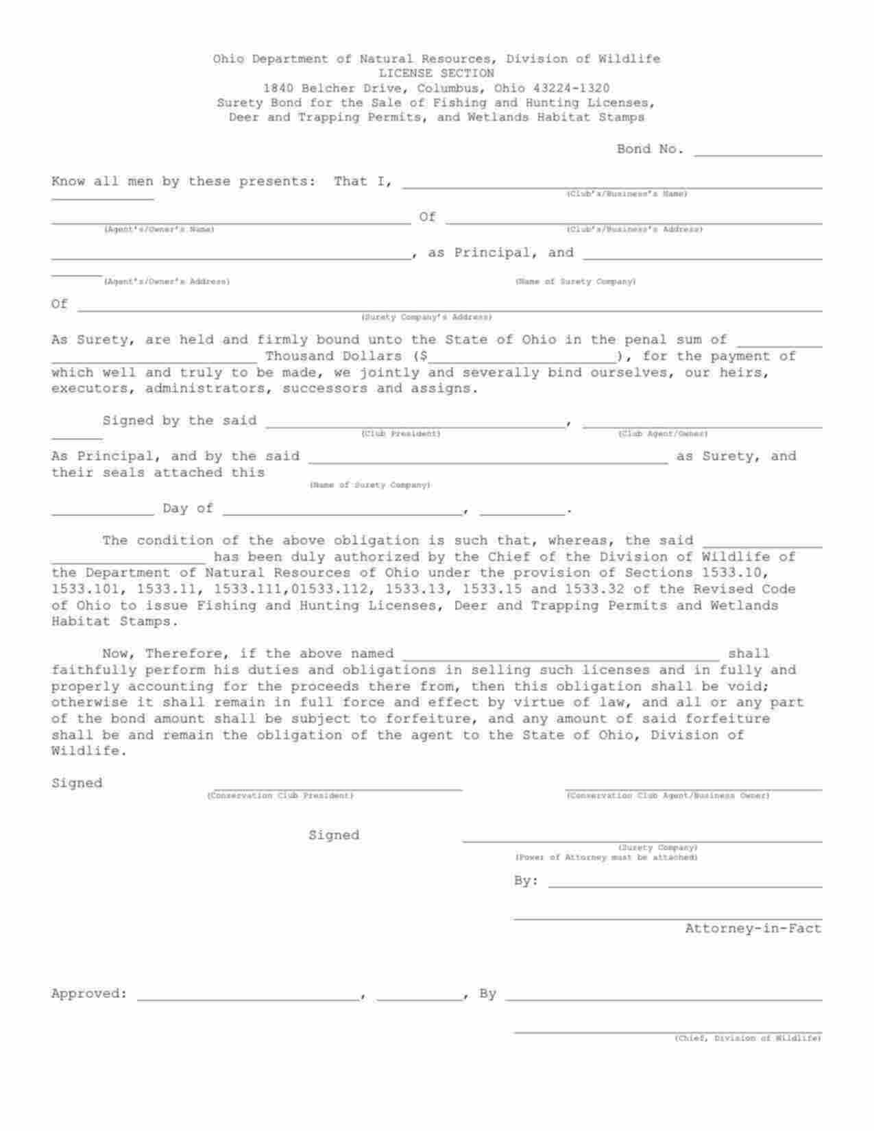 Ohio Hunting and Fishing License Sales Bond Form