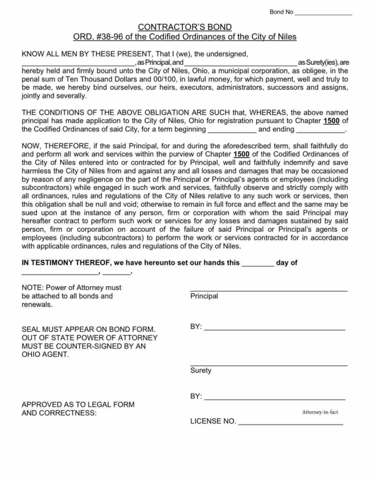 Ohio Contractor Bond Form