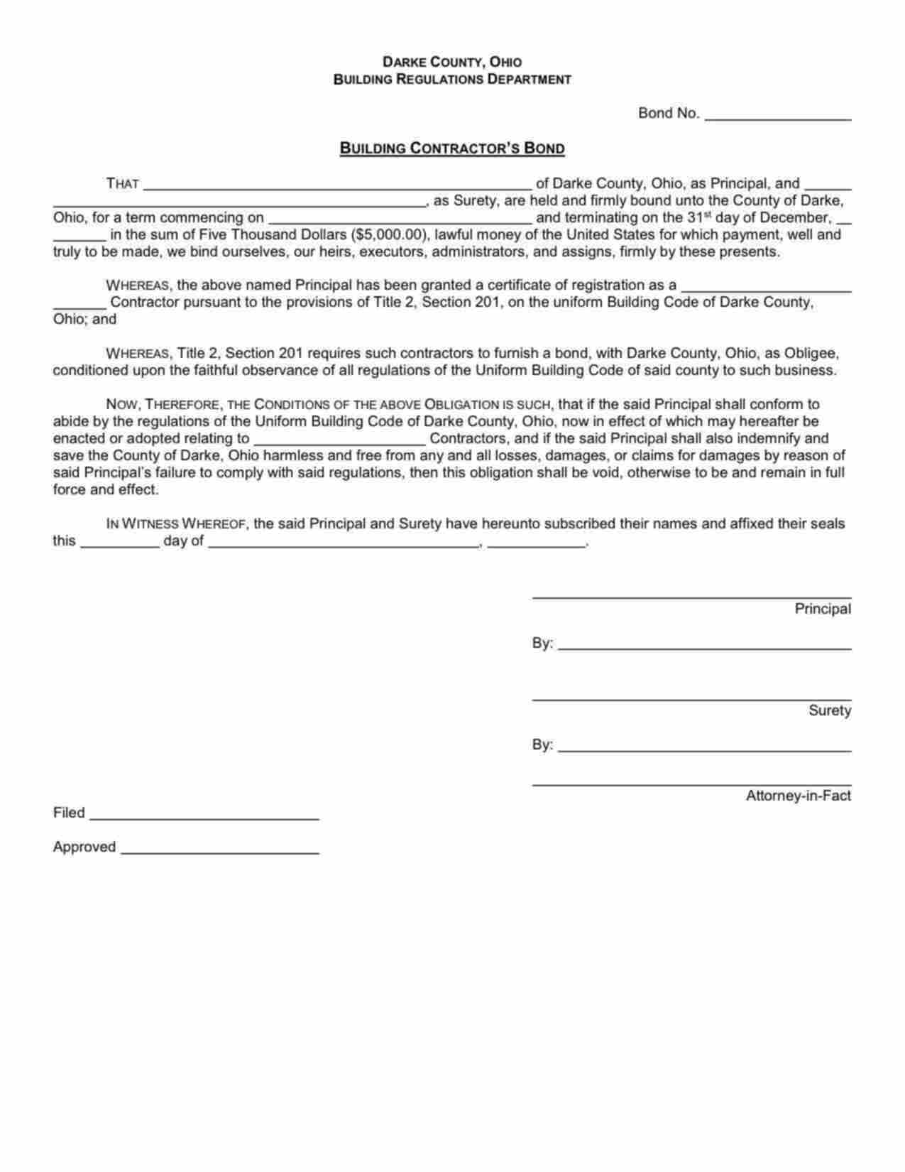 Ohio Building Contractor Bond Form