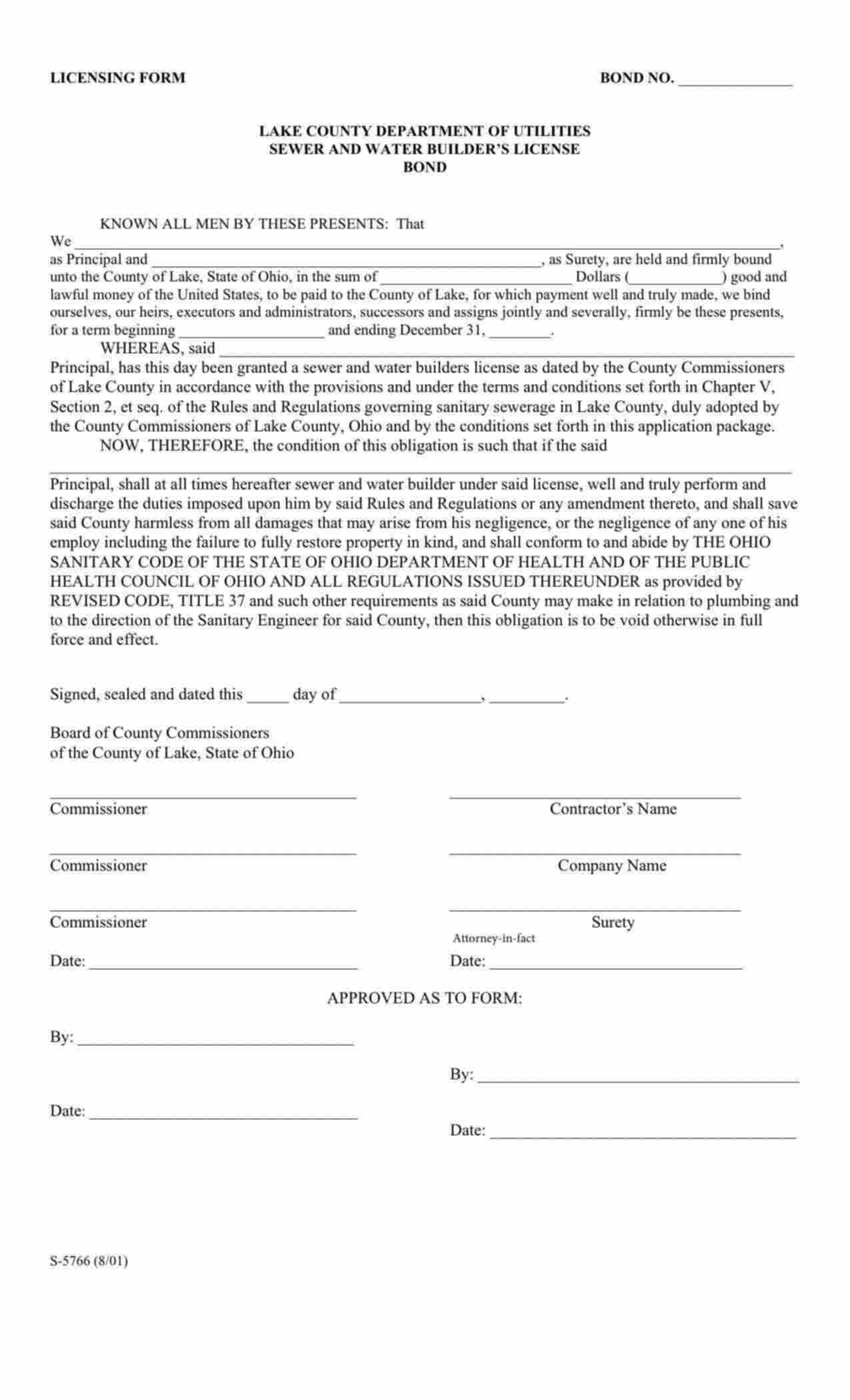 Ohio Sewer and Water Builder's License Bond Form