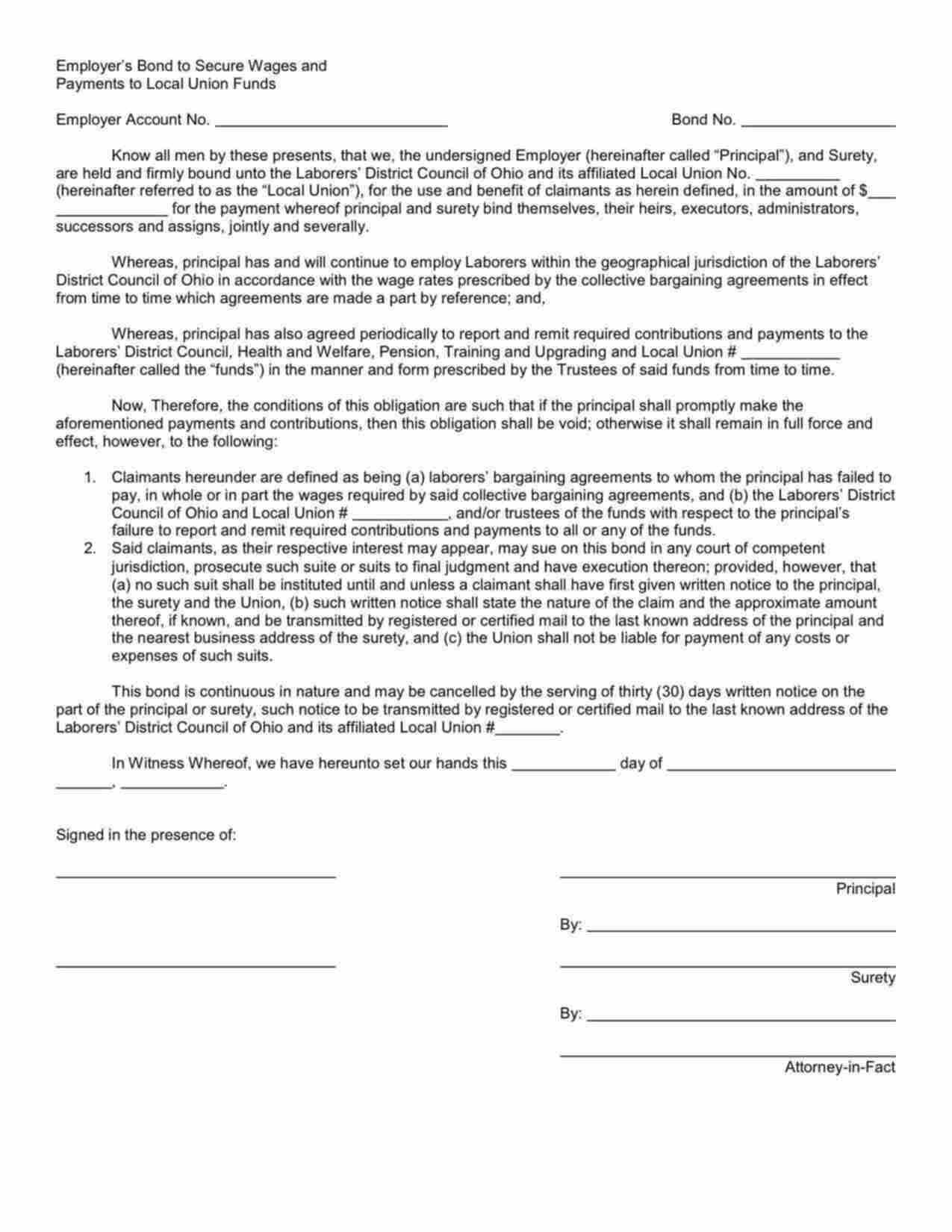 Ohio Wage and Welfare Bond Form