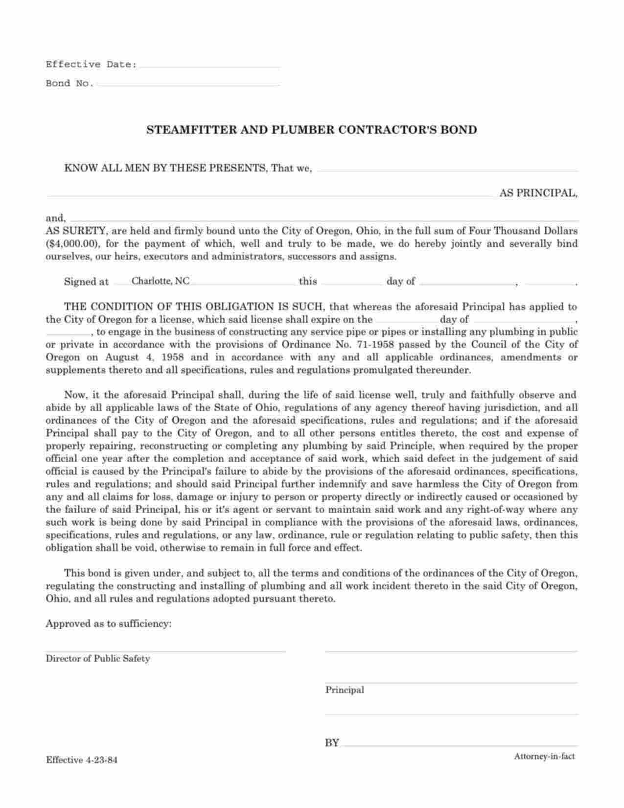 Ohio Steamfitter and Plumber Contractor Bond Form