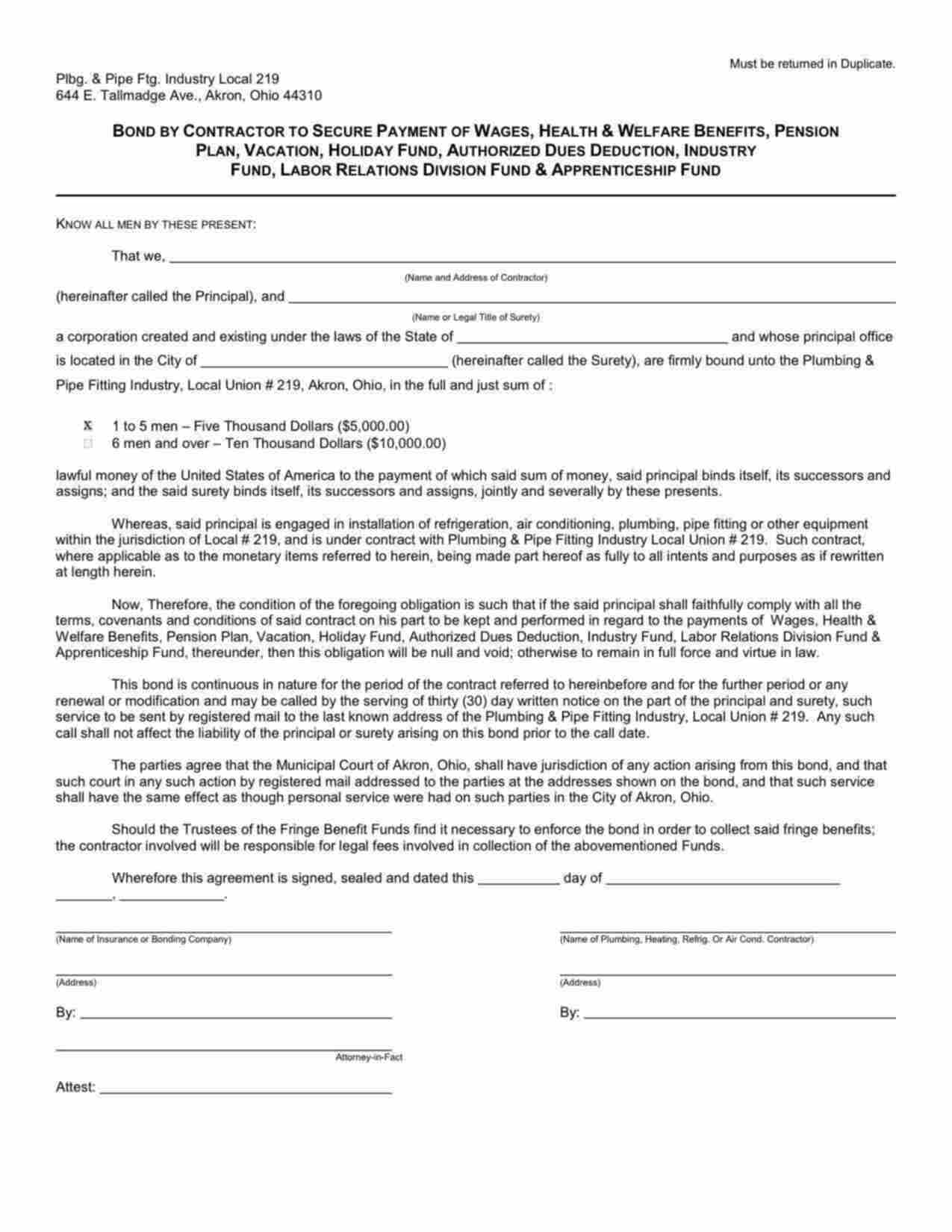 Ohio Wage and Welfare Bond Form