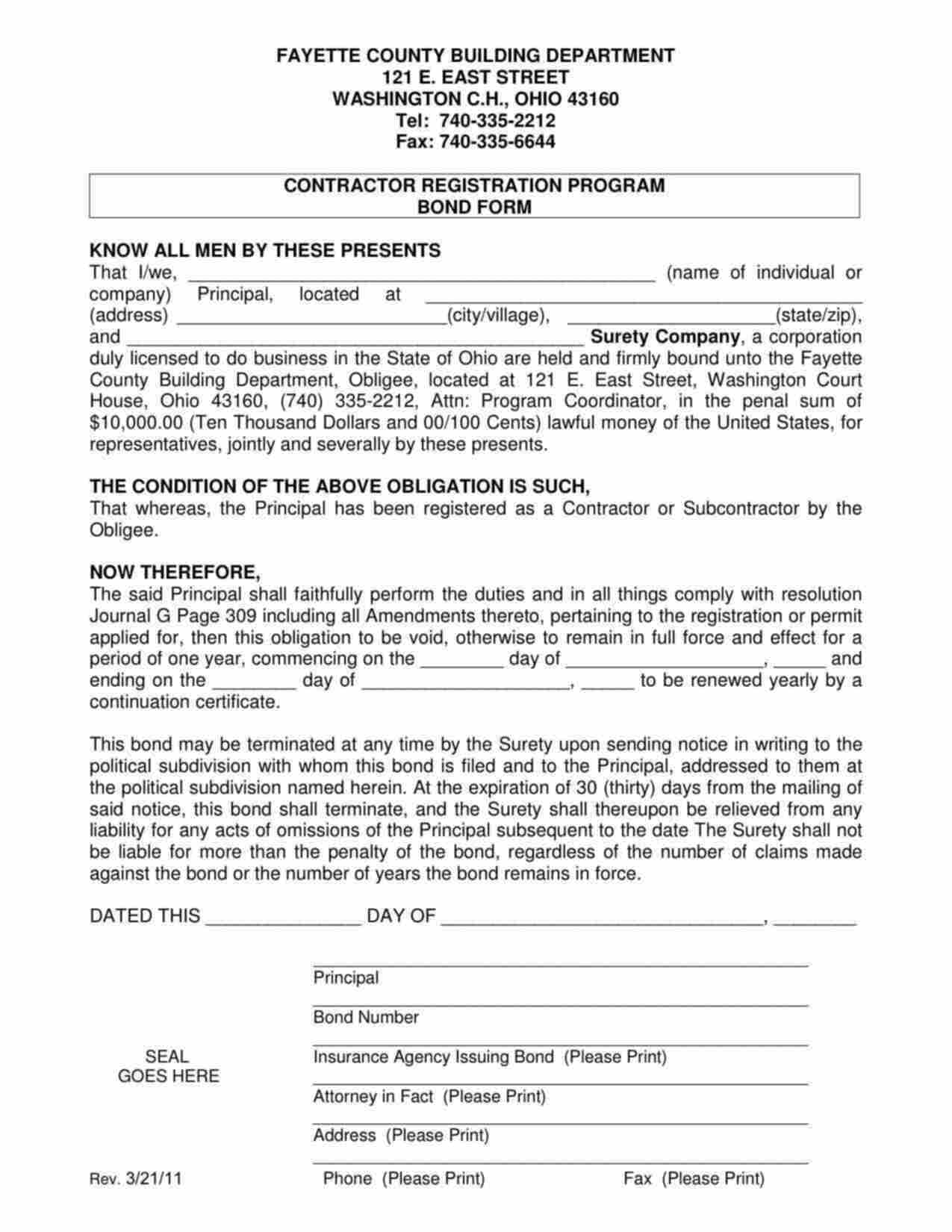 Ohio Contractor Registration Bond Form