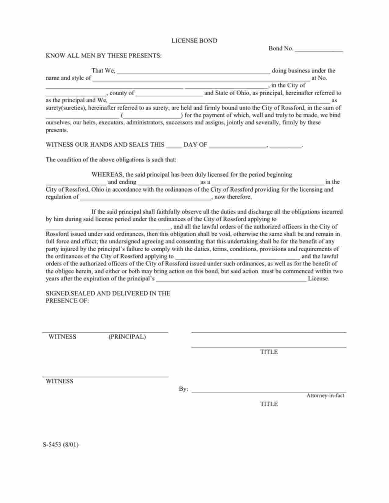 Ohio License Bond Form