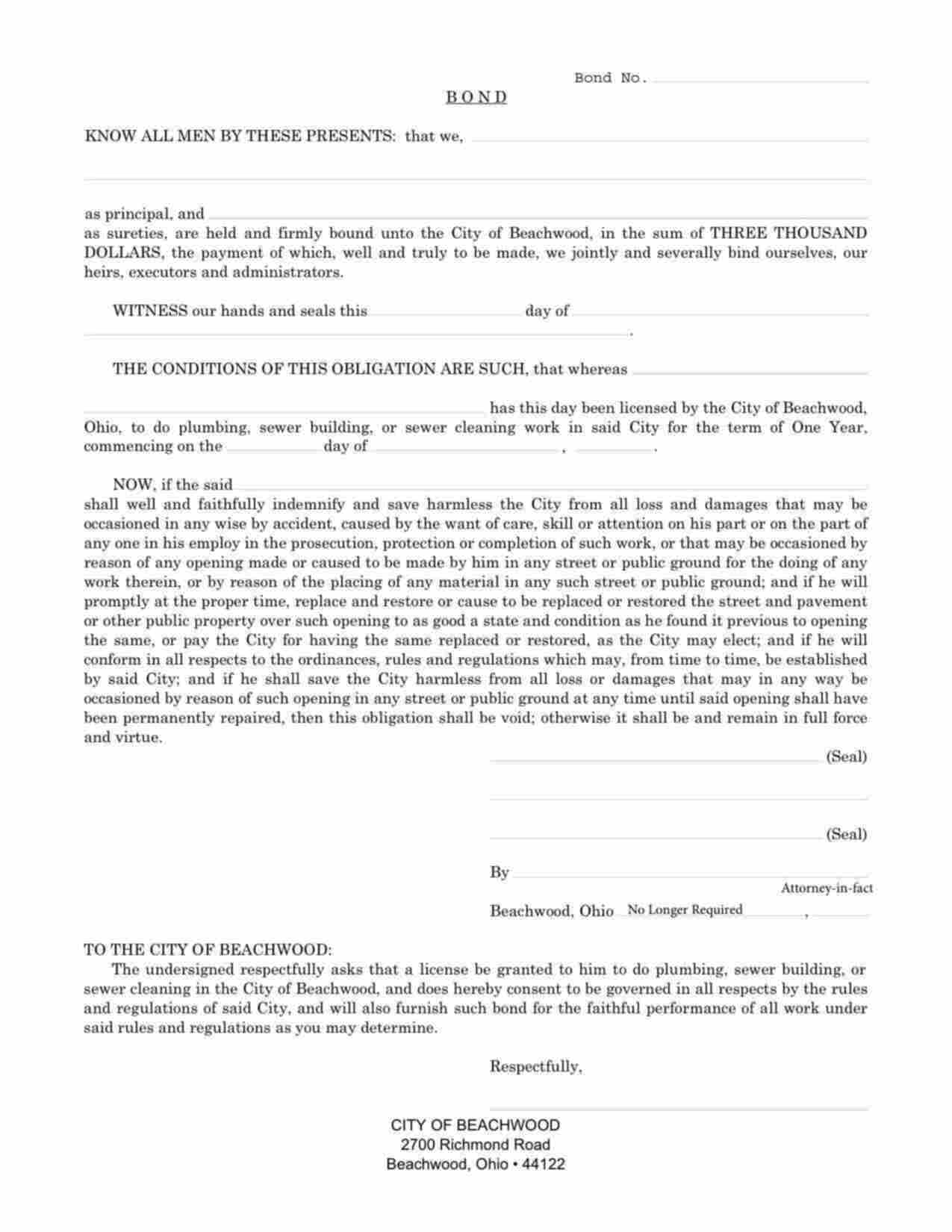 Ohio Plumbing, Sewer Building or Sewer Cleaning Work Bond Form