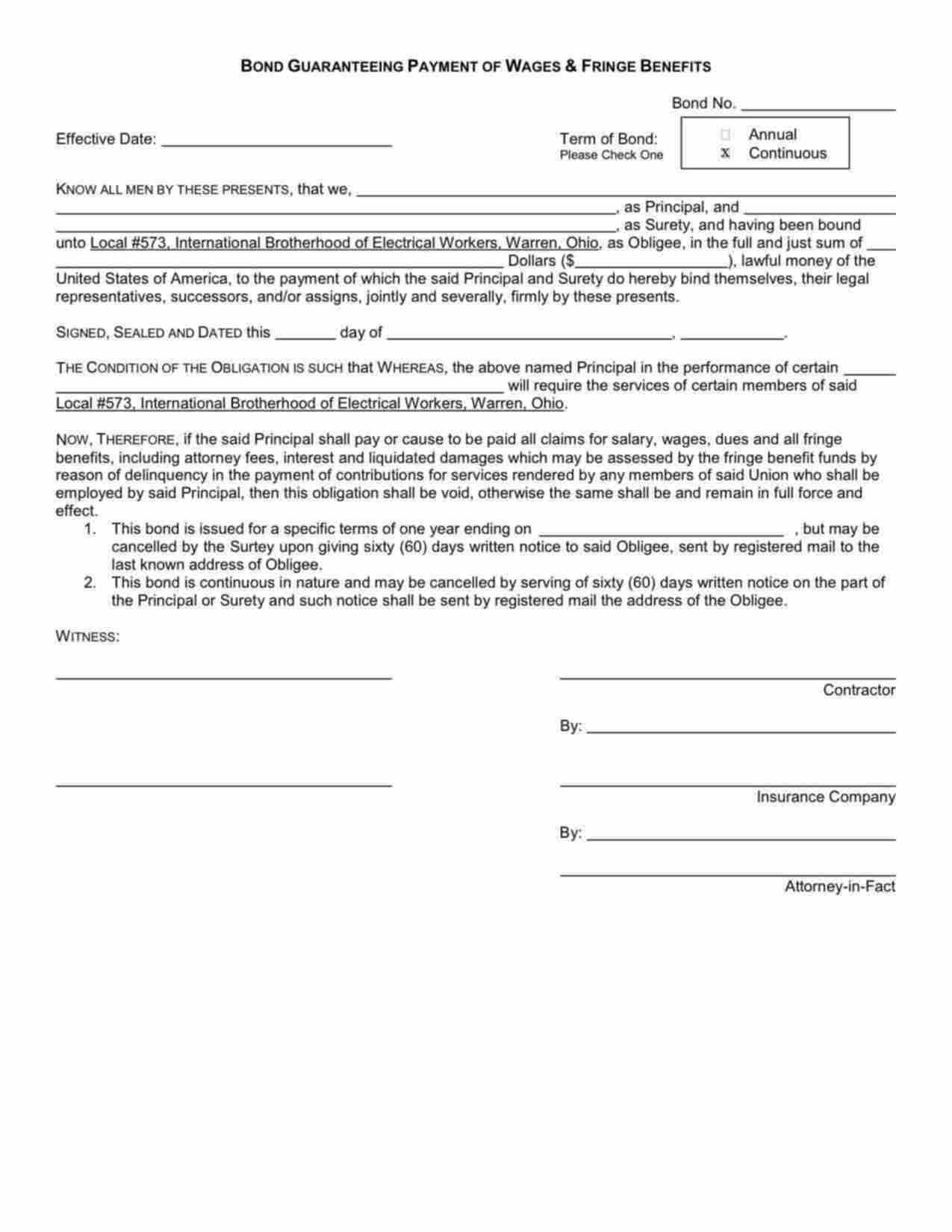 Ohio Wage and Welfare Bond Form