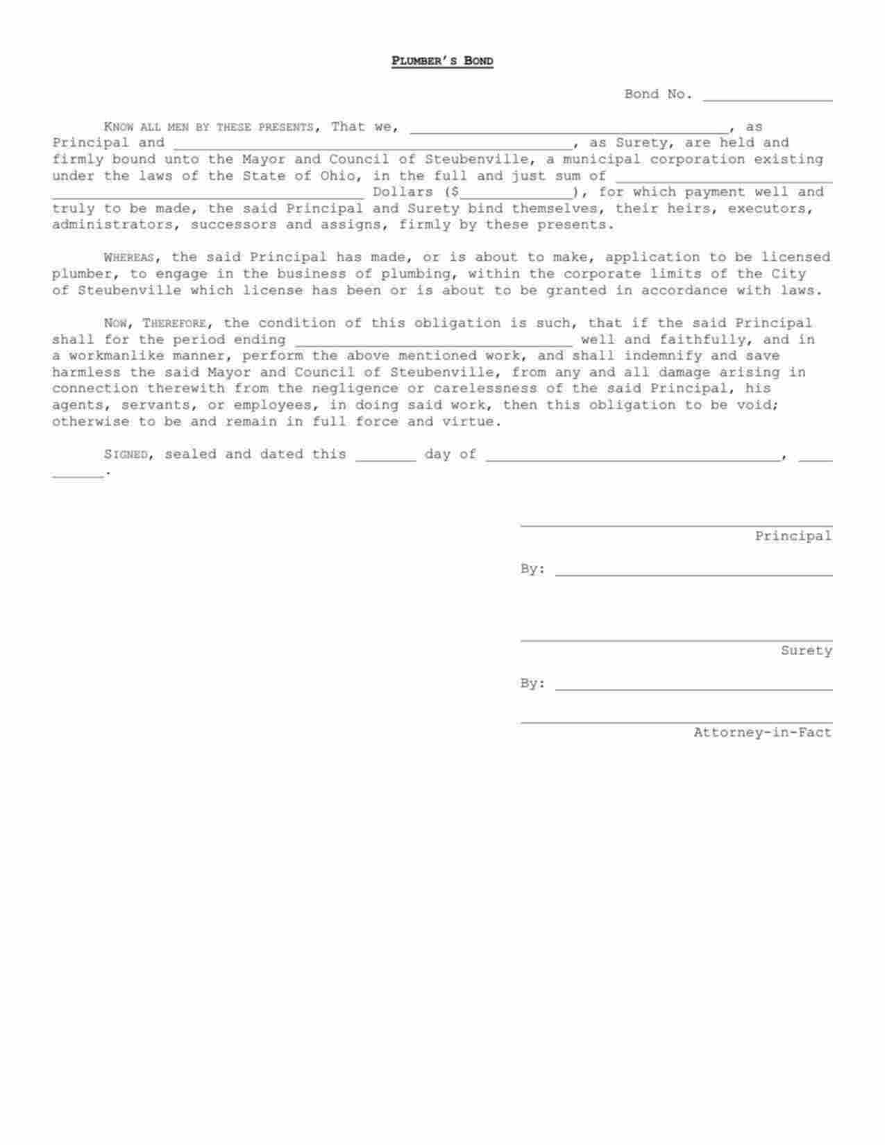 Ohio Plumbing Bond Form