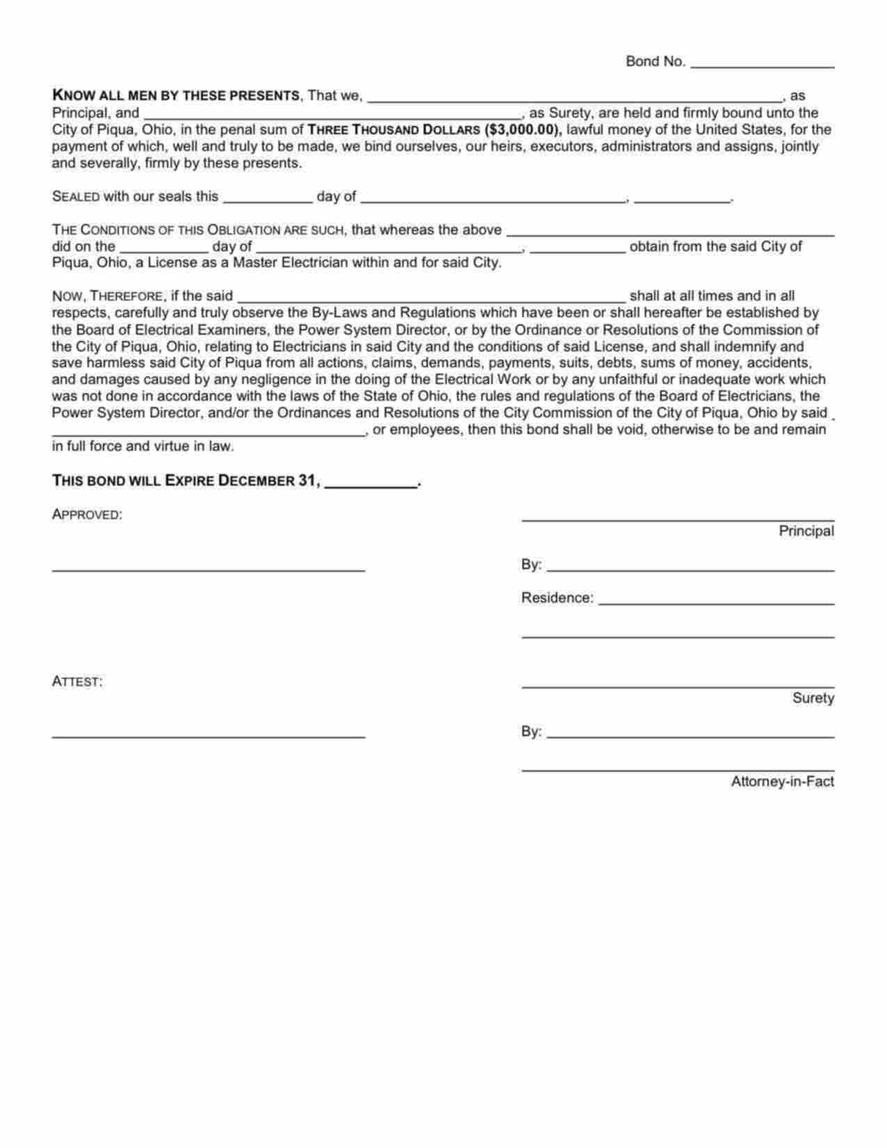 Ohio Master Electrician Bond Form