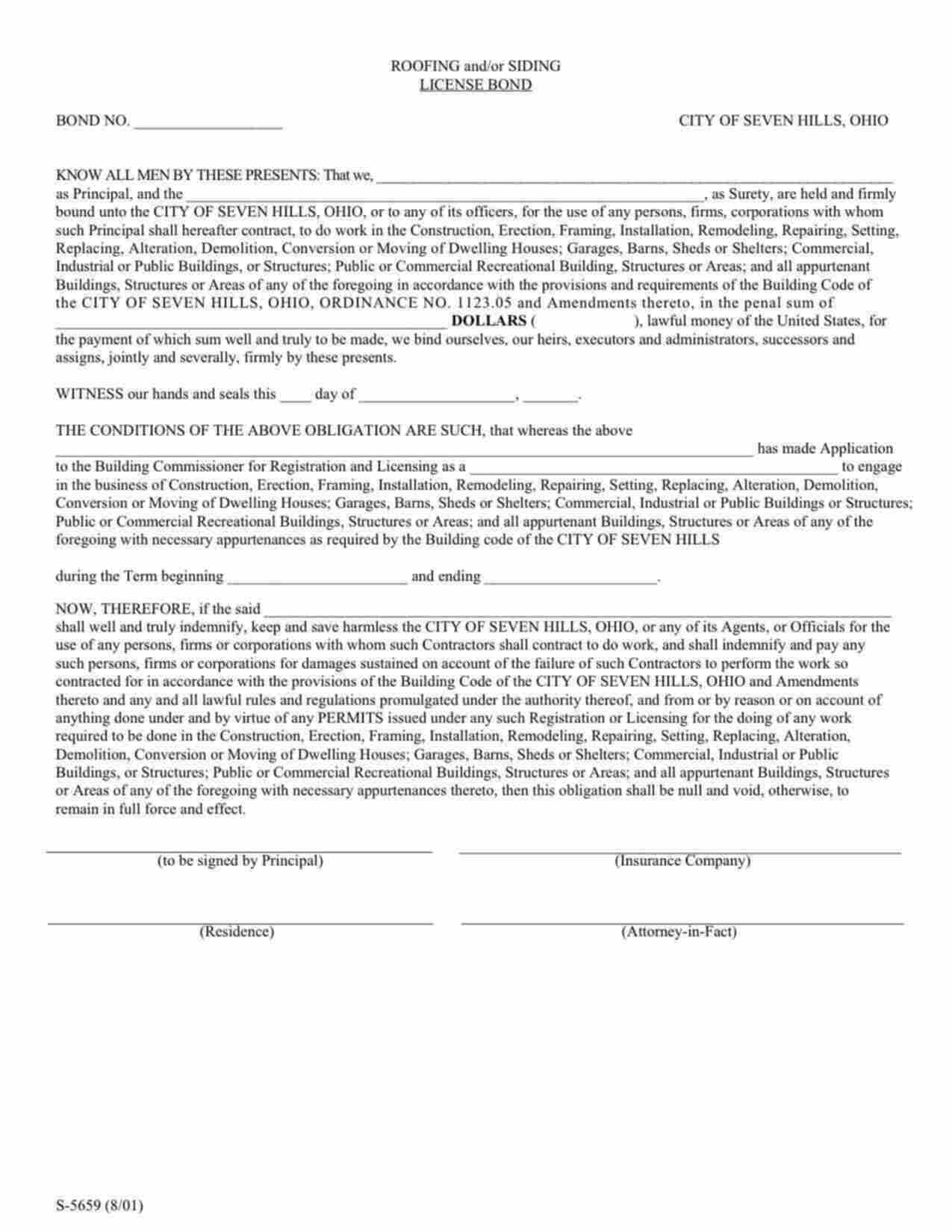 Ohio Siding Contractor Bond Form