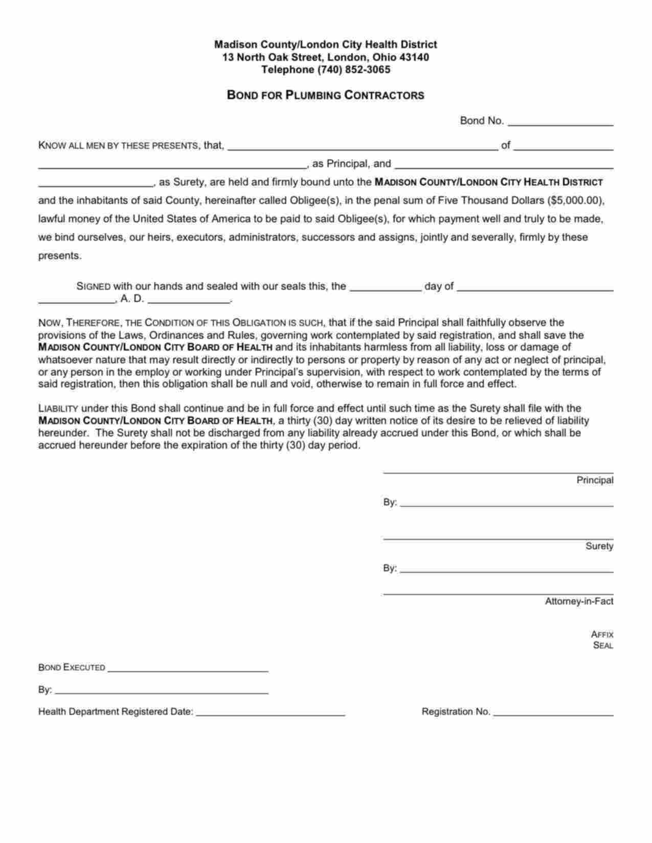 Ohio Plumbing Contractor Bond Form