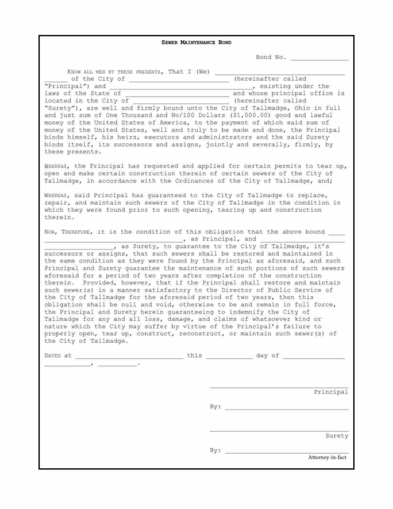 Ohio Sewer Maintenance Bond Form