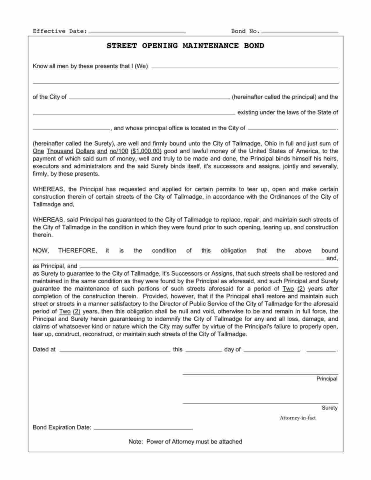 Ohio Street Opening Maintenance Bond Form