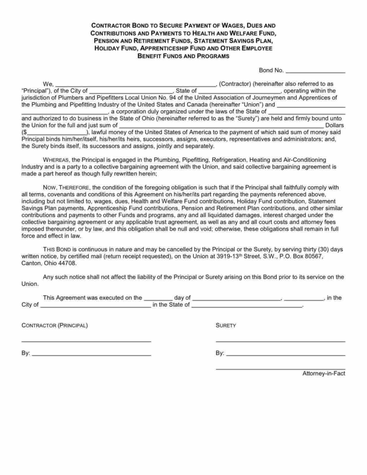 Ohio Wage and Welfare Bond Form