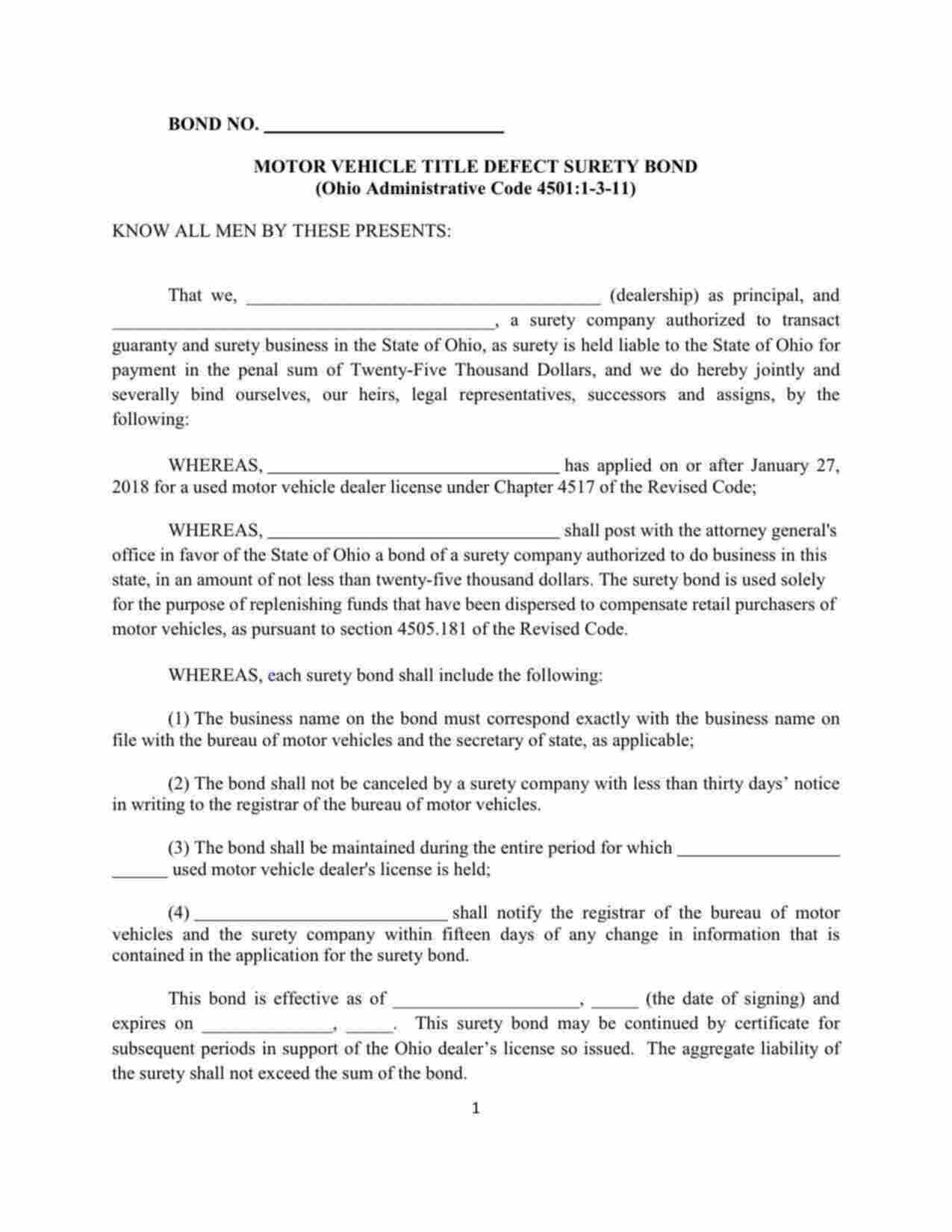 Ohio Motor Vehicle Title Defect - Dealer Bond Form