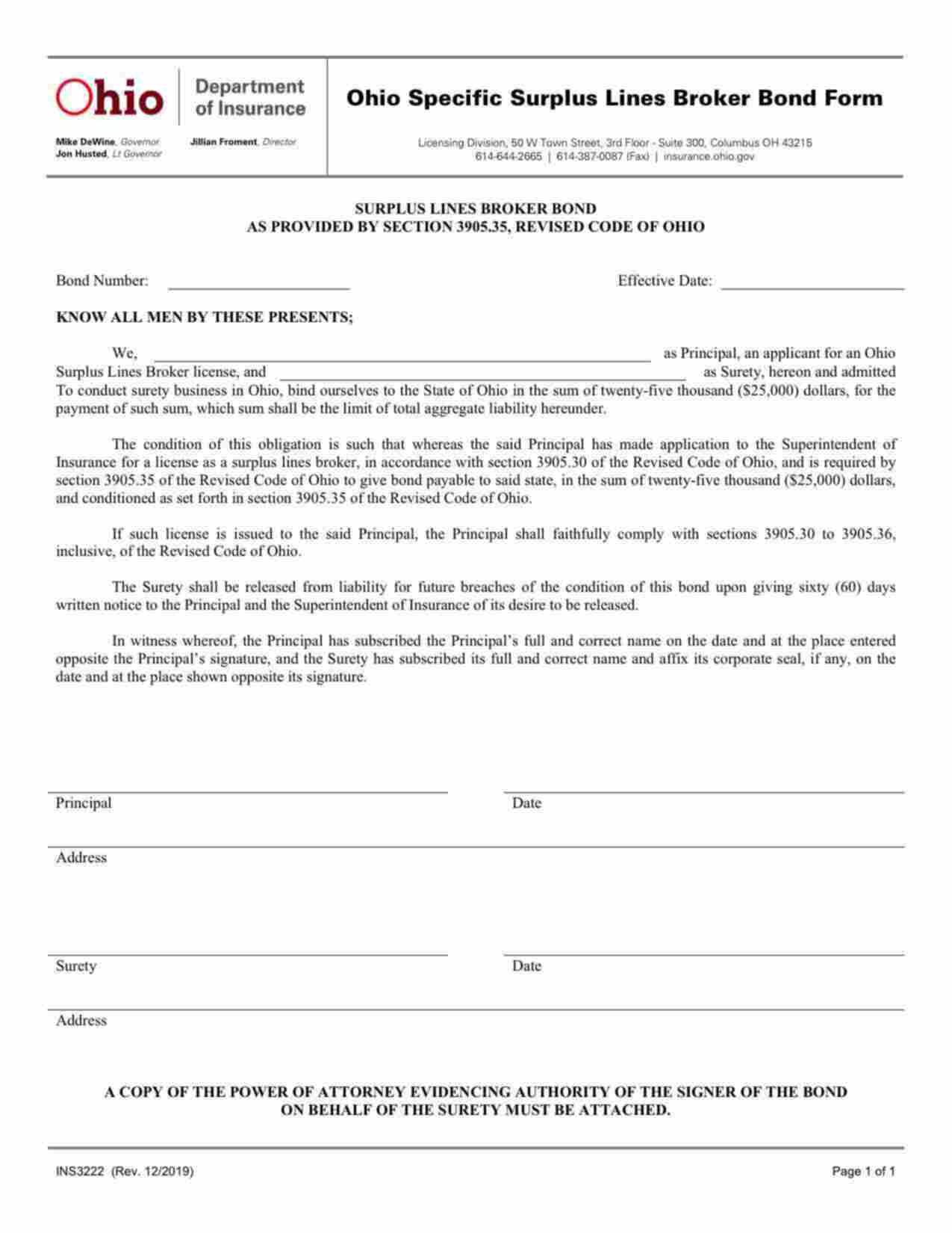 Ohio Surplus Lines Broker Bond Form