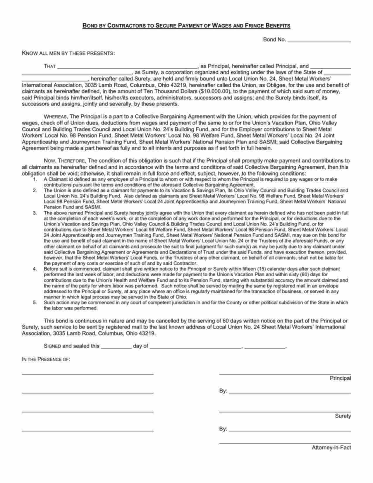 Ohio Wage and Welfare Bond Form