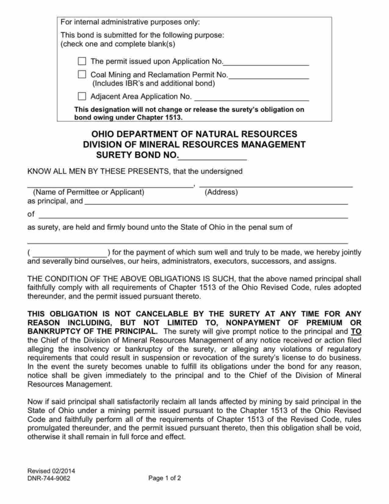 Ohio Reclamation Permit Bond Form
