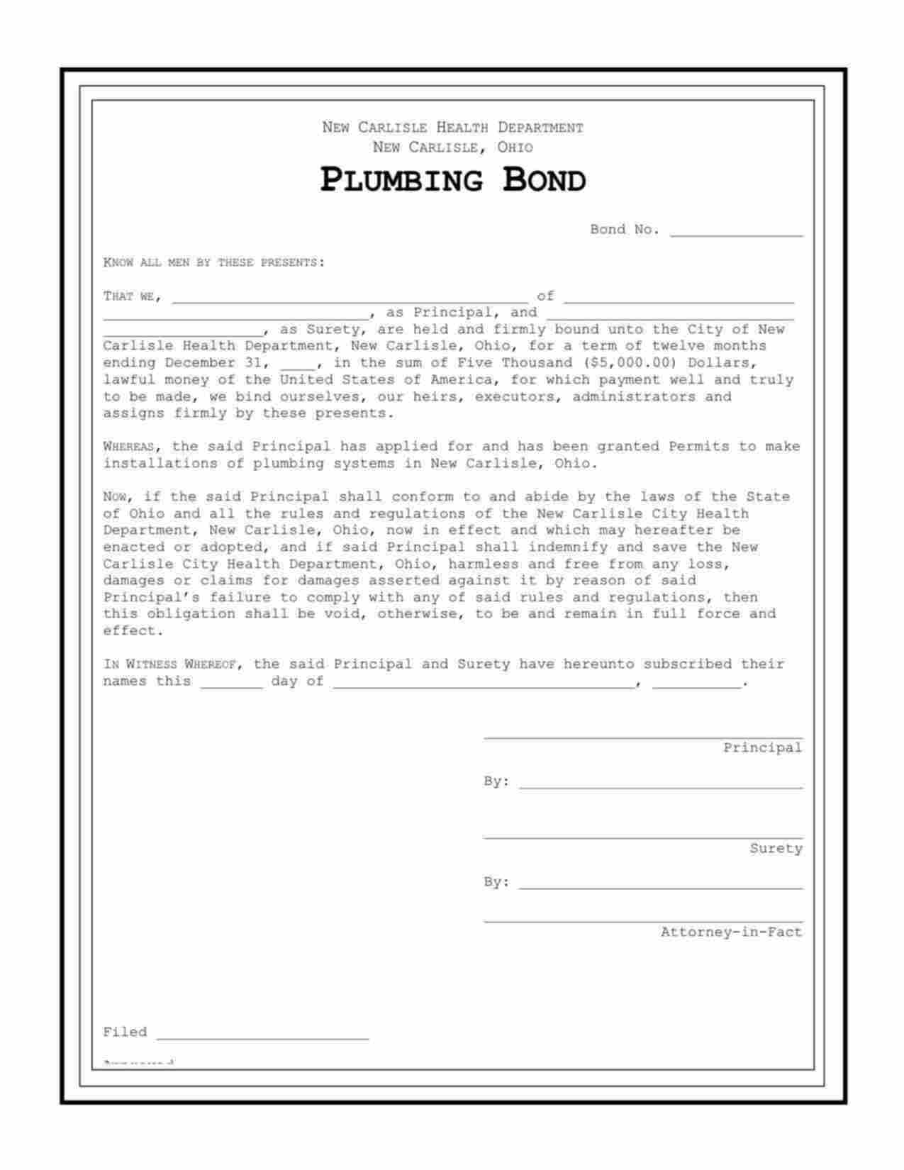 Ohio Plumbing Bond Form