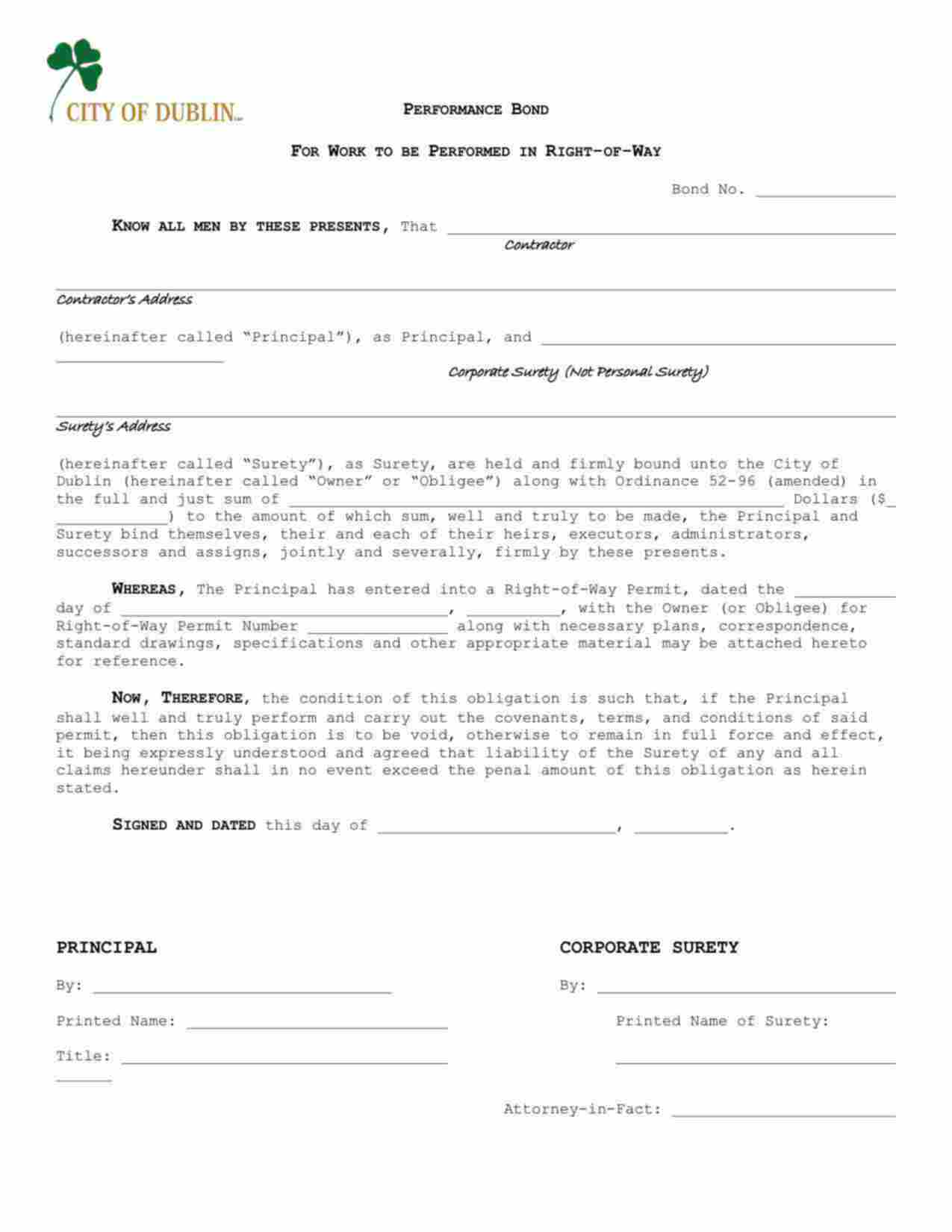 Ohio Right-of-Way Bond Form