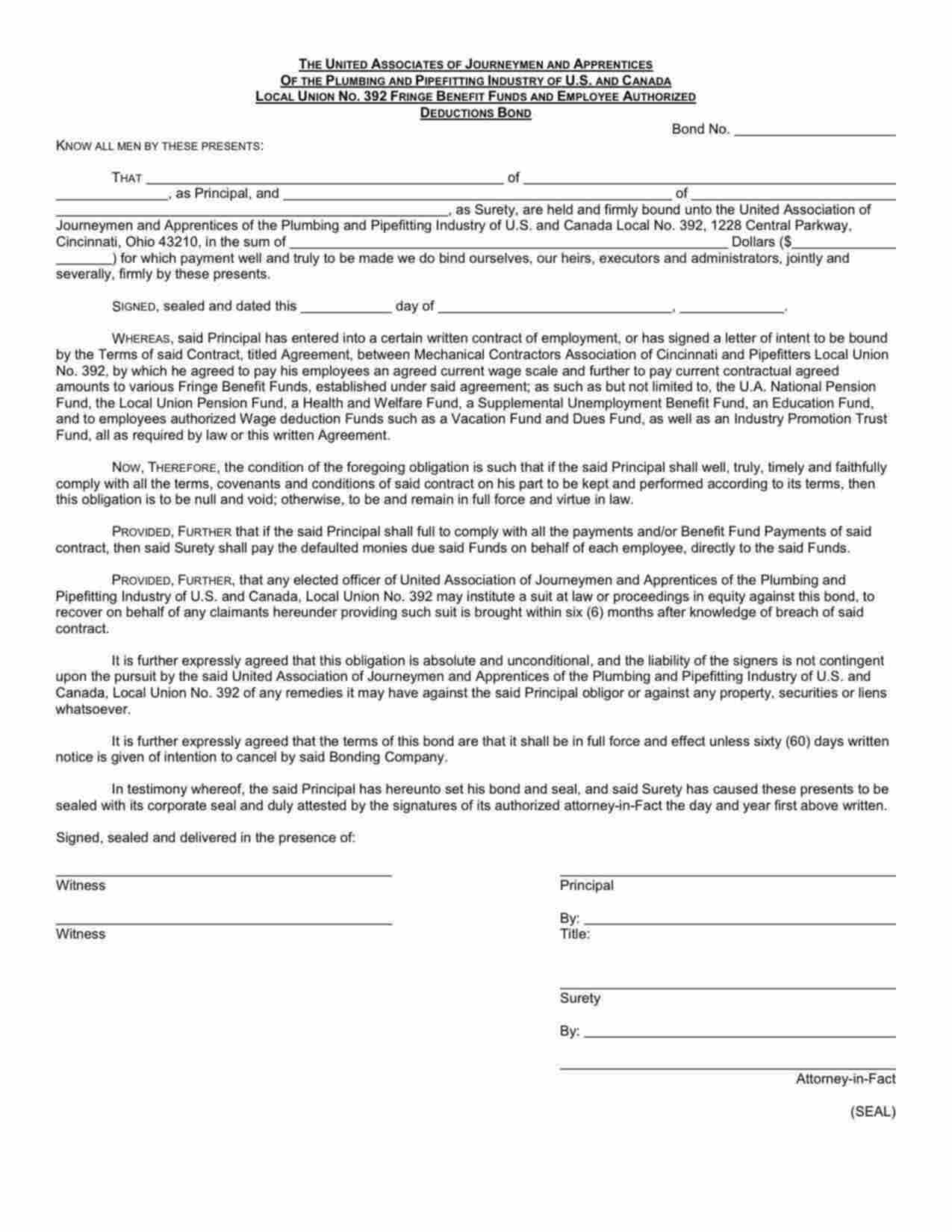 Ohio Wage and Welfare Bond Form