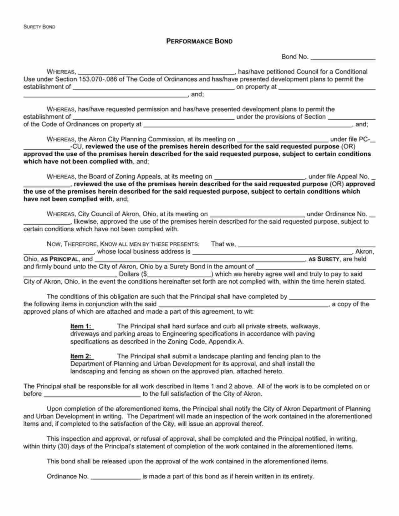 Ohio Site Improvement Bond Form