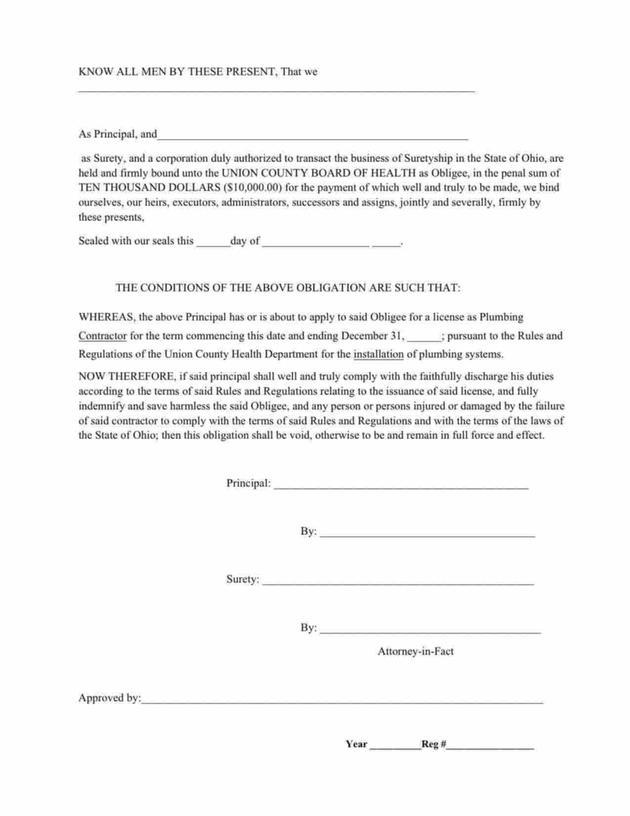 Ohio Plumbing Contractor Bond Form