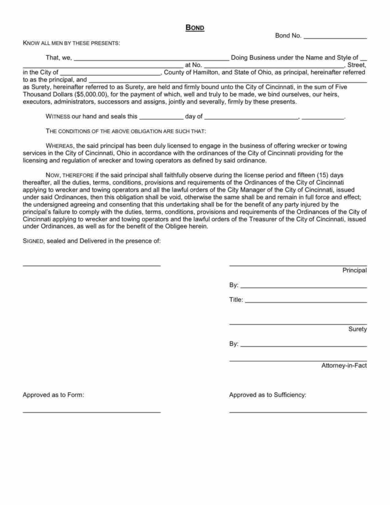 Ohio Wrecker or Towing Services License Bond Form