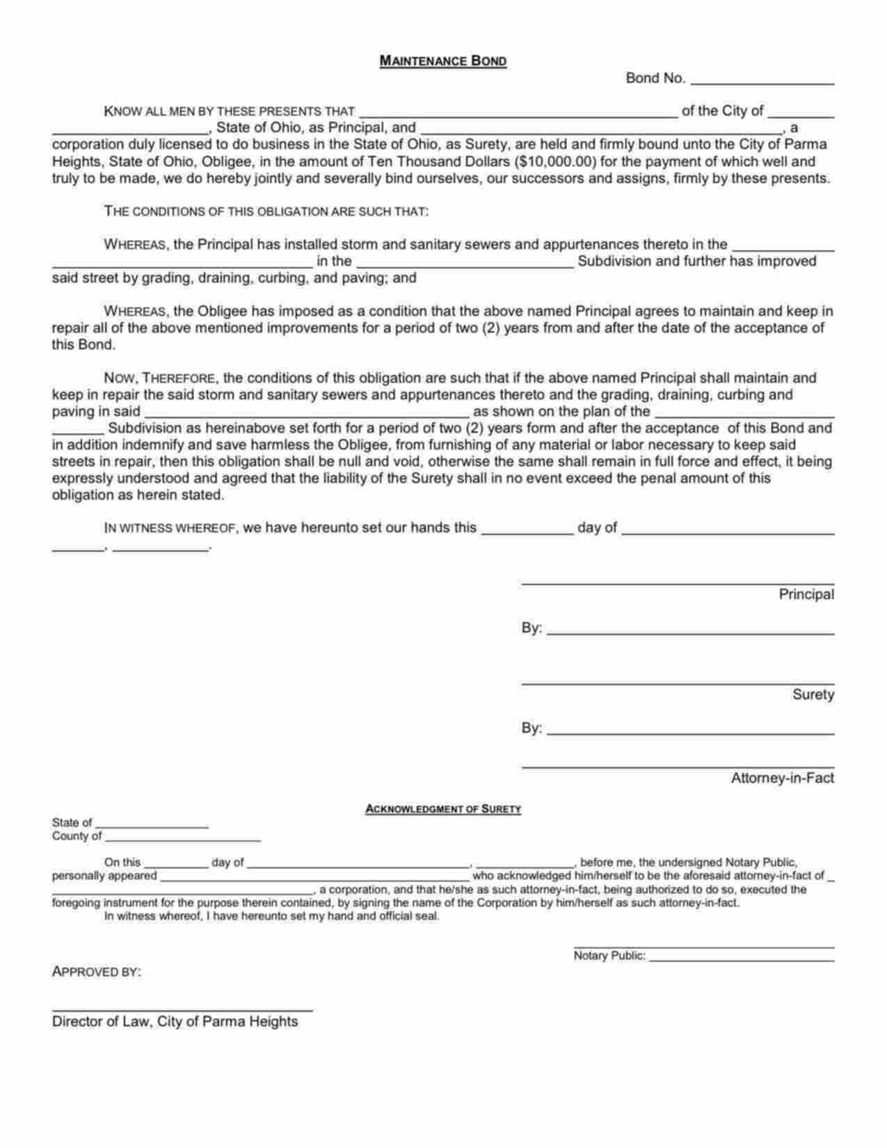 Ohio Street Maintenance Bond Form