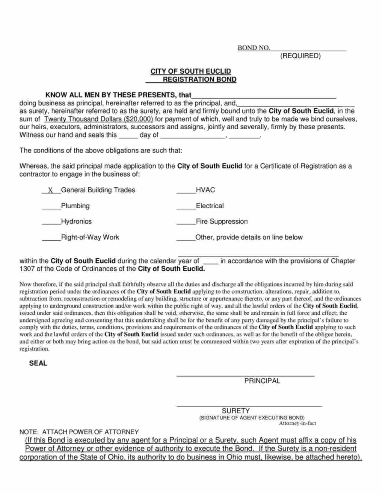 Ohio Contractor Registration - General Building Trades Bond Form