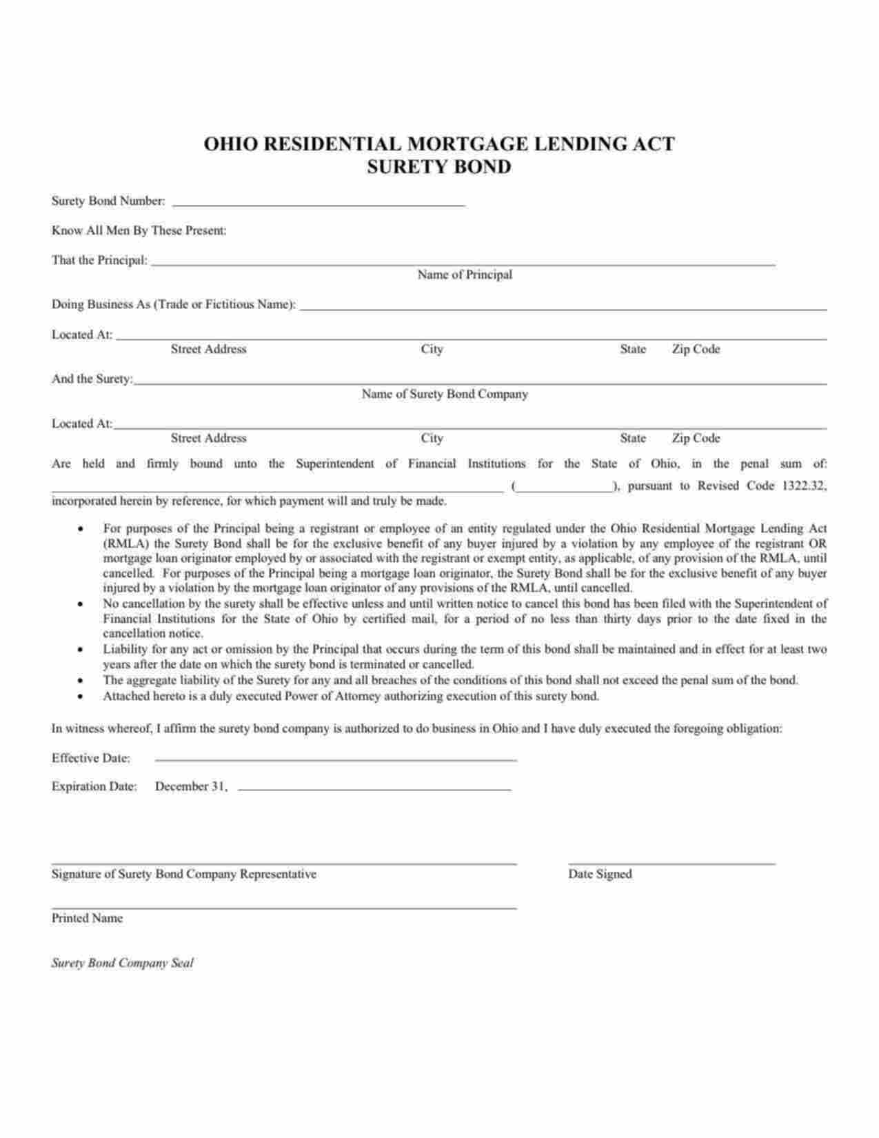 Ohio Residential Mortgage Lending Act (RMLA) Certificate of Registration Bond Form