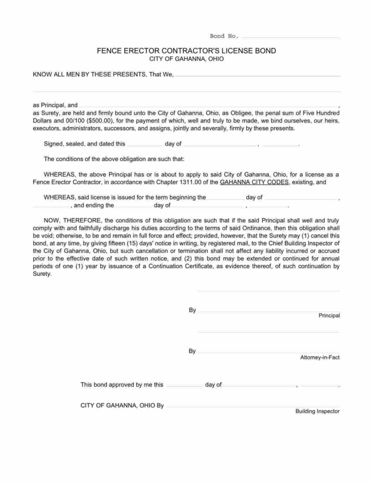 Ohio Fence Erector Contractor Bond Form