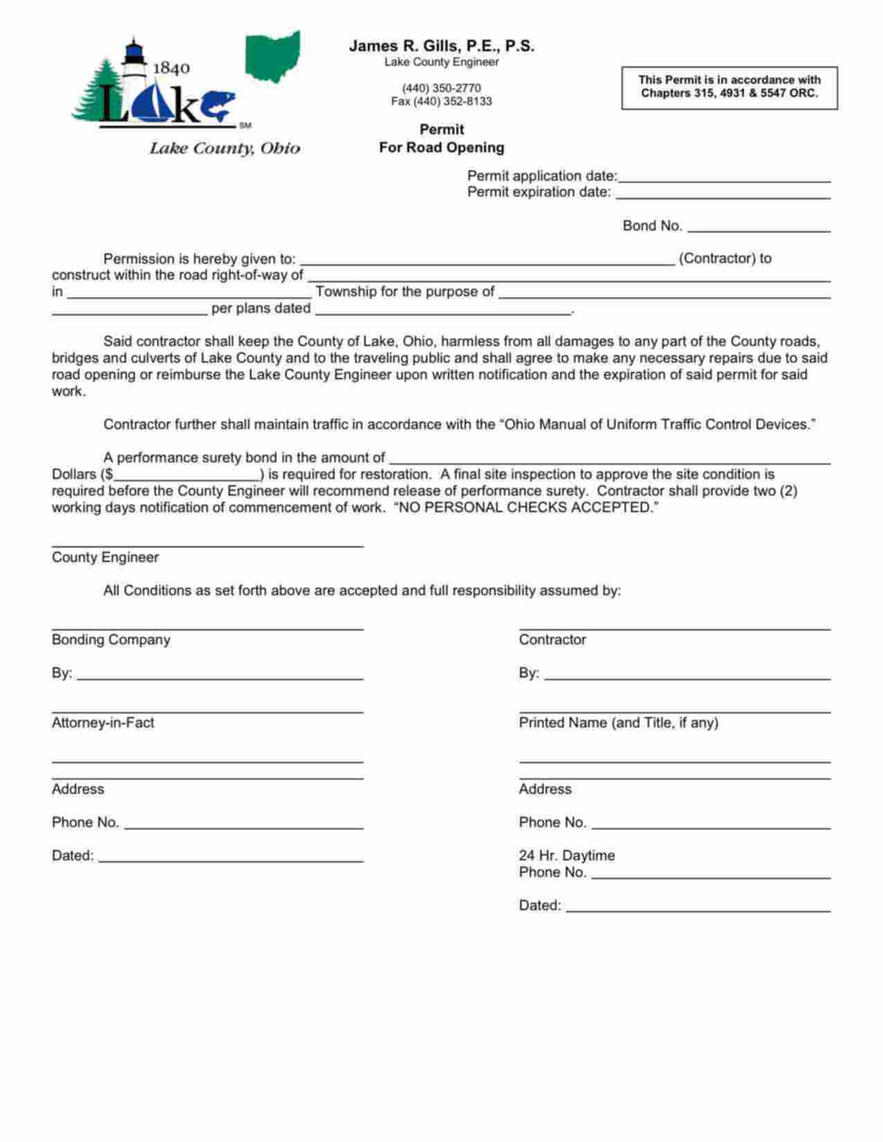 Ohio Permit for Road Opening Bond Form