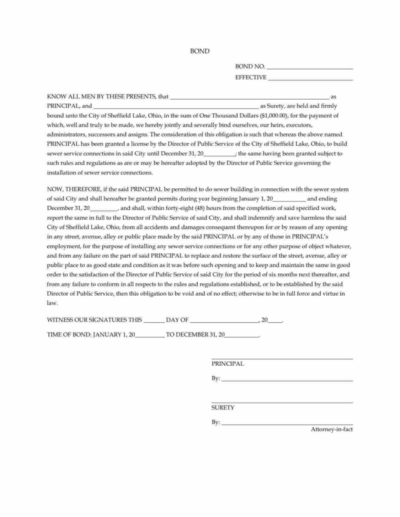 Ohio Sewer Connection Bond Form