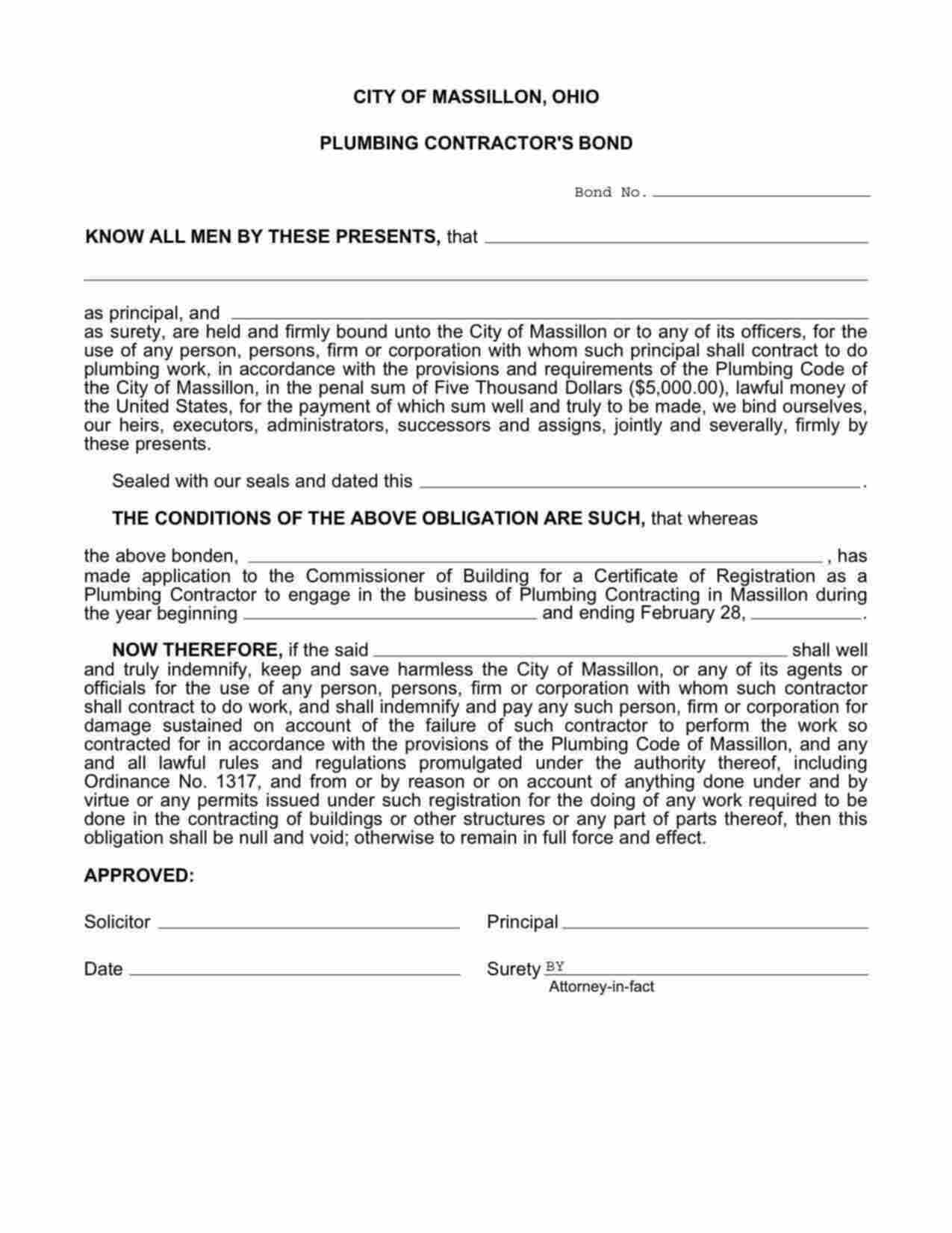 Ohio Plumbing Contractor Bond Form