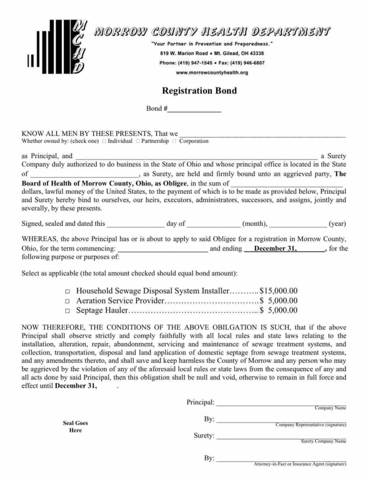 Ohio Household Sewage Disposal System Installer - Individual Bond Form