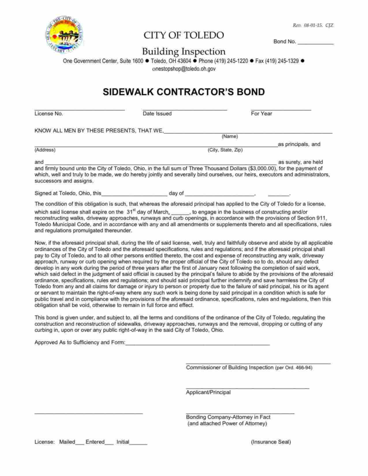 Ohio Sidewalk Contractor Bond Form