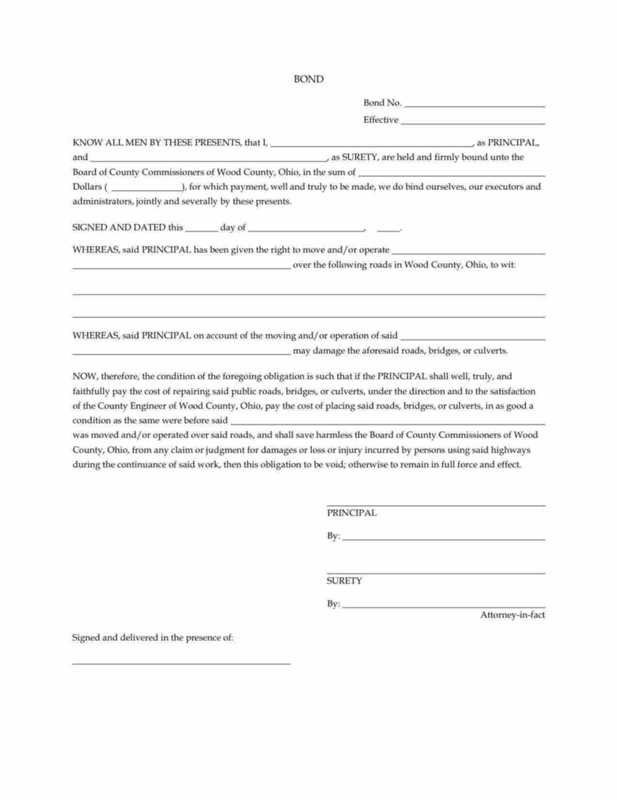 Ohio Road Permit Bond Form