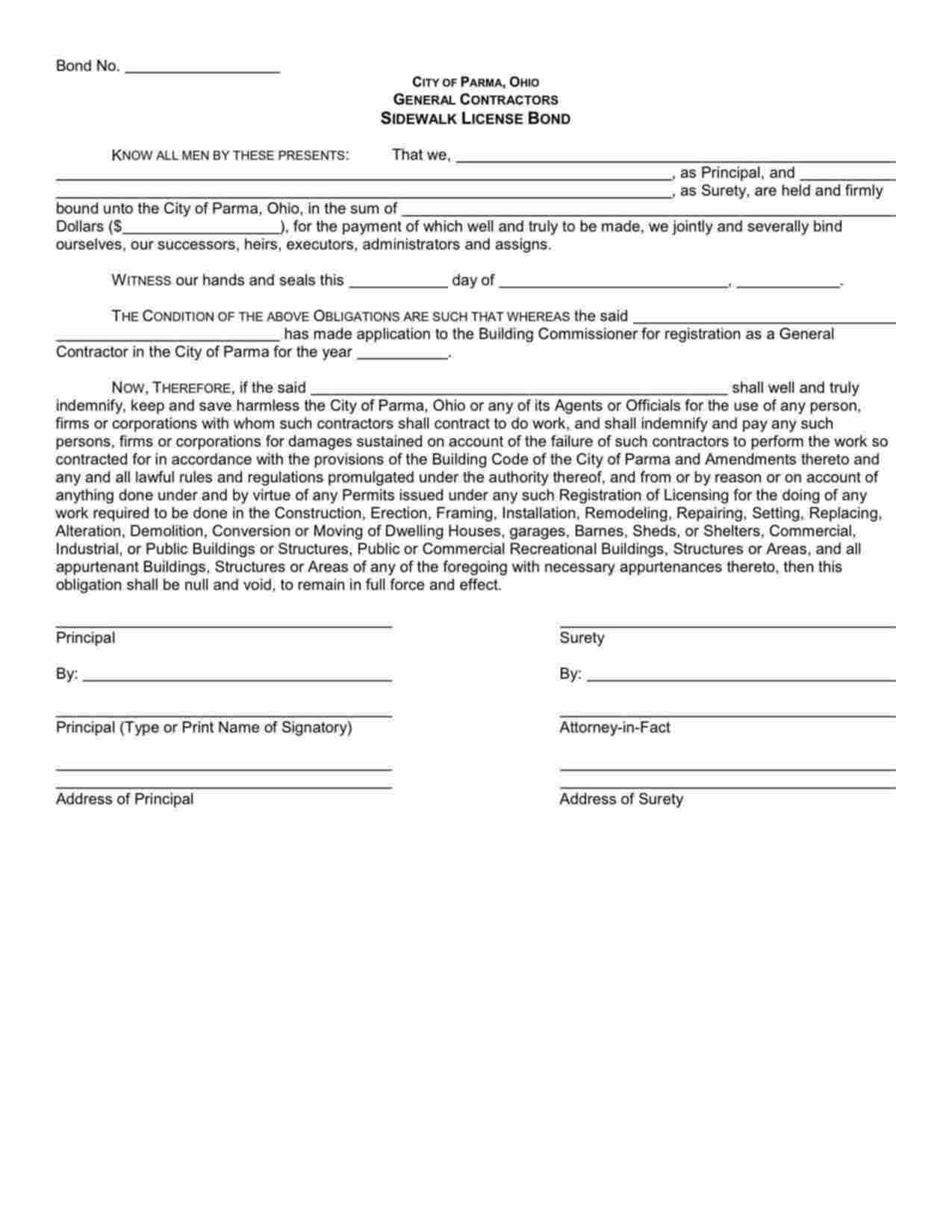 Ohio General Contractors Sidewalk License Bond Form