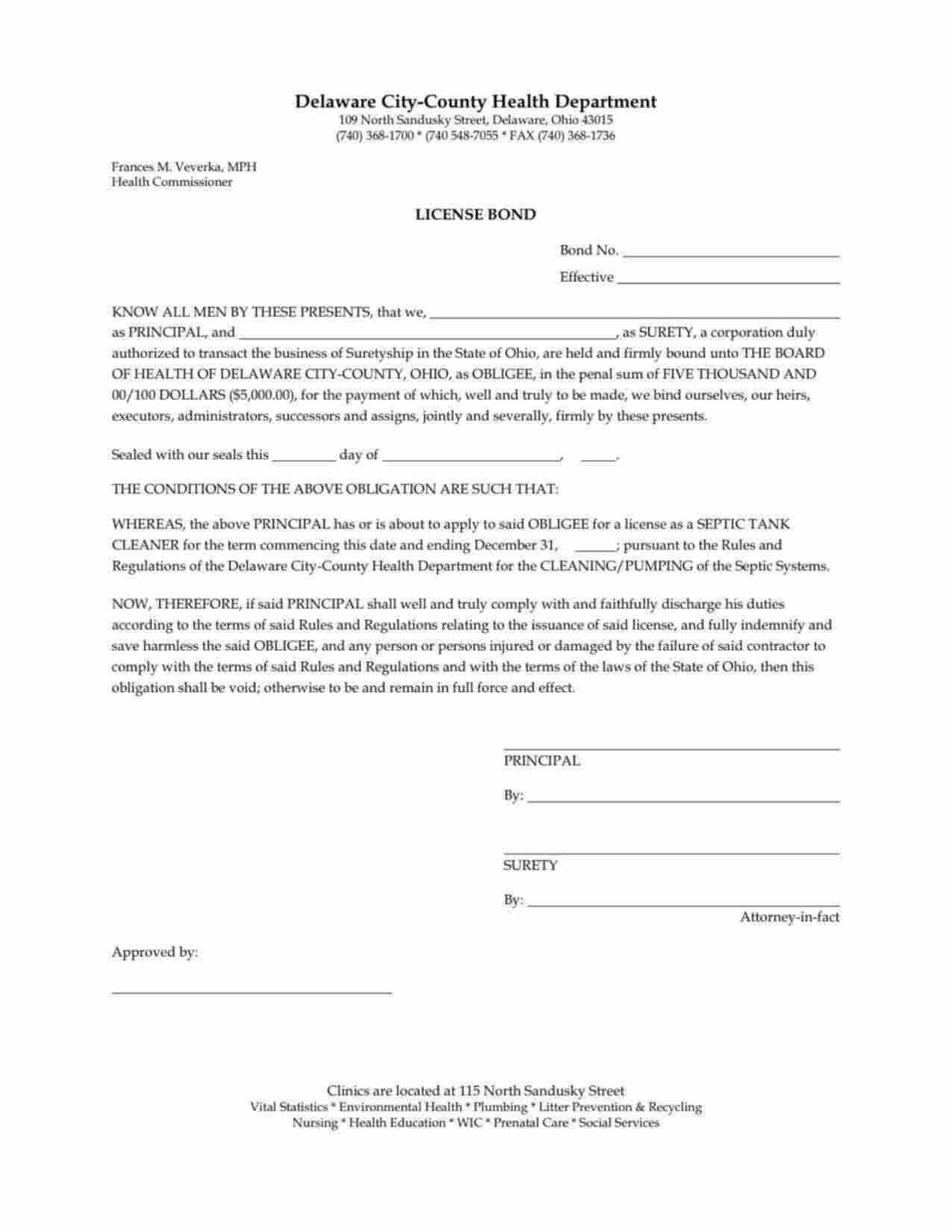 Ohio Septic Tank Cleaner Bond Form