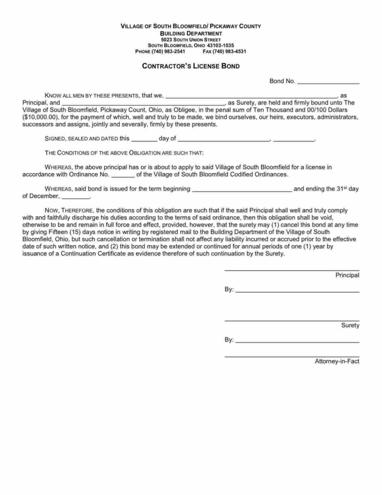 Ohio Contractor's License Bond Form