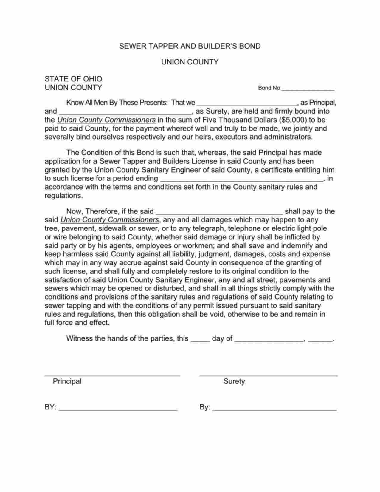 Ohio Sewer Tapper and Builder Bond Form